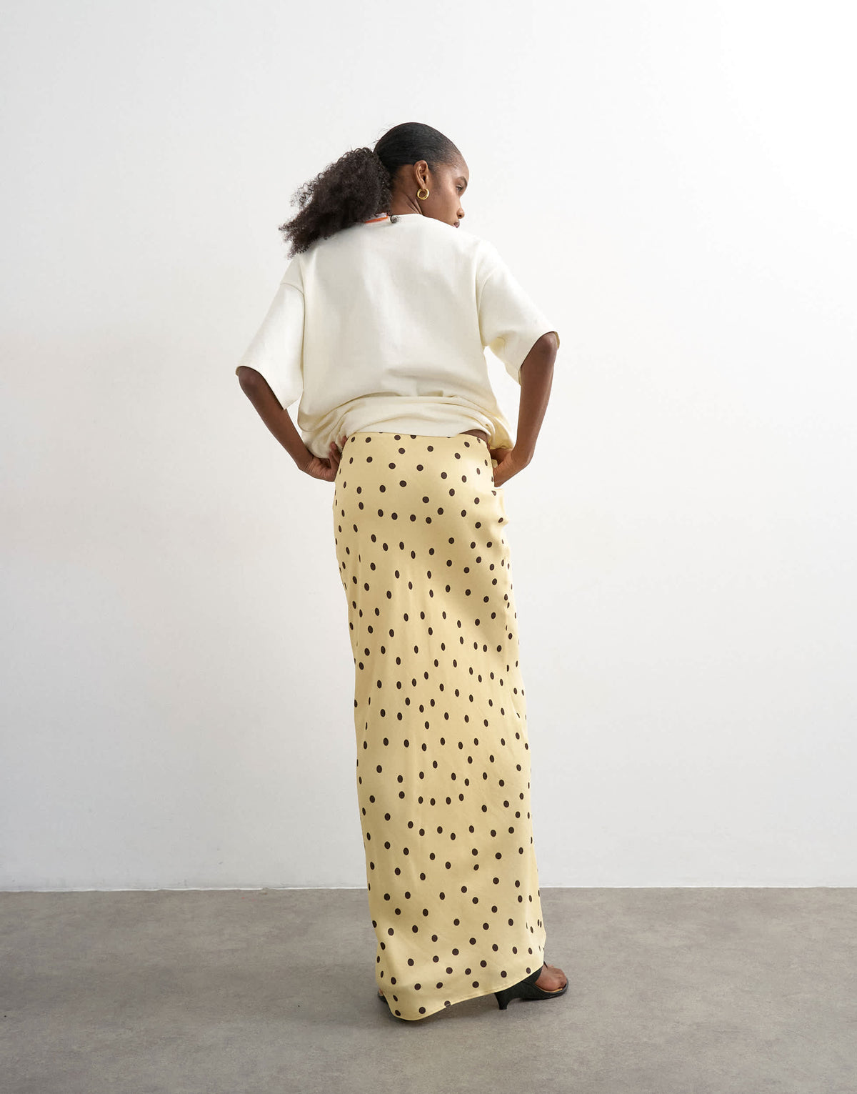 Topshop polka dot flood length satin bias maxi skirt in buttermilk