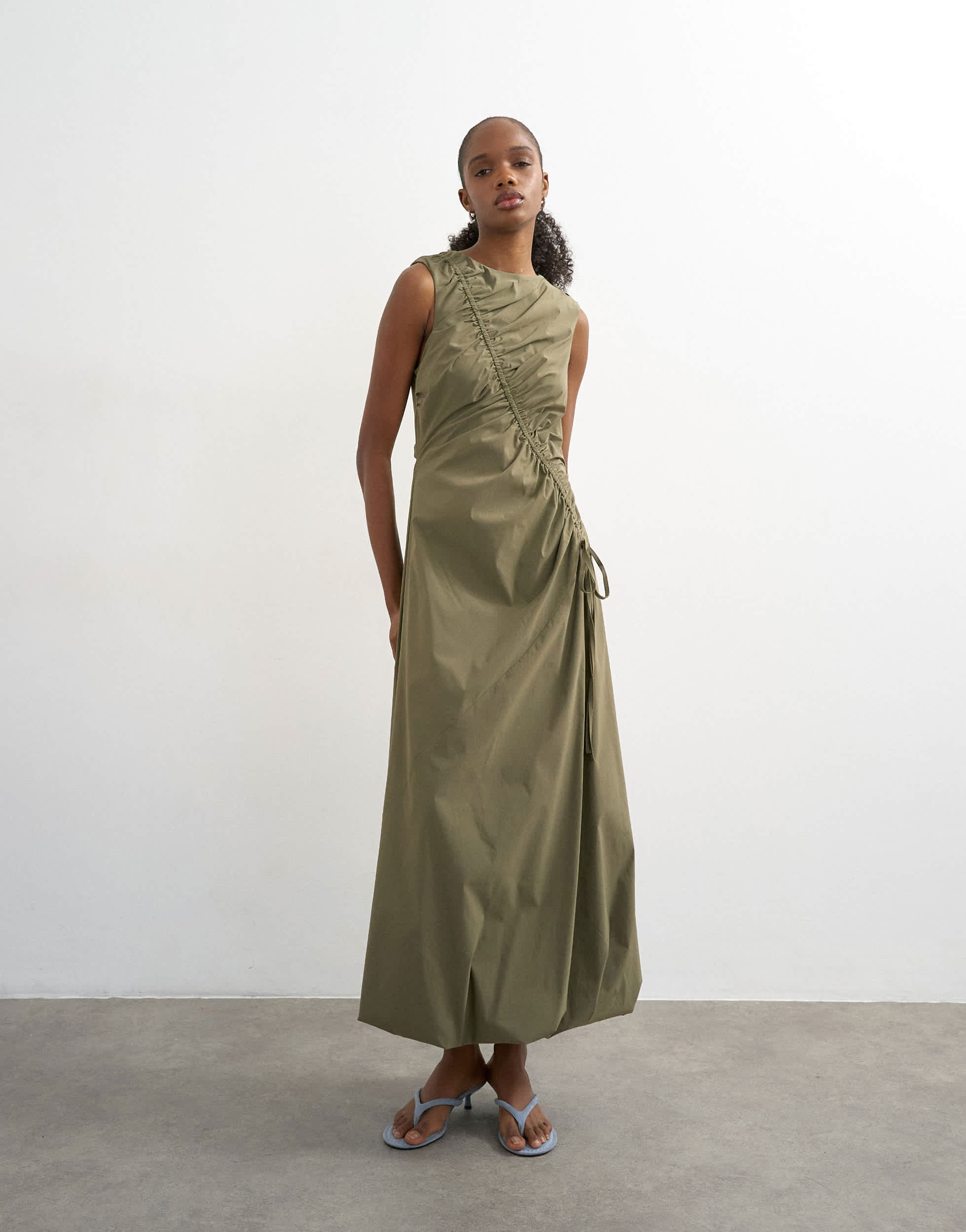 Topshop drawcord detail tech fabric balloon maxi dress in khaki
