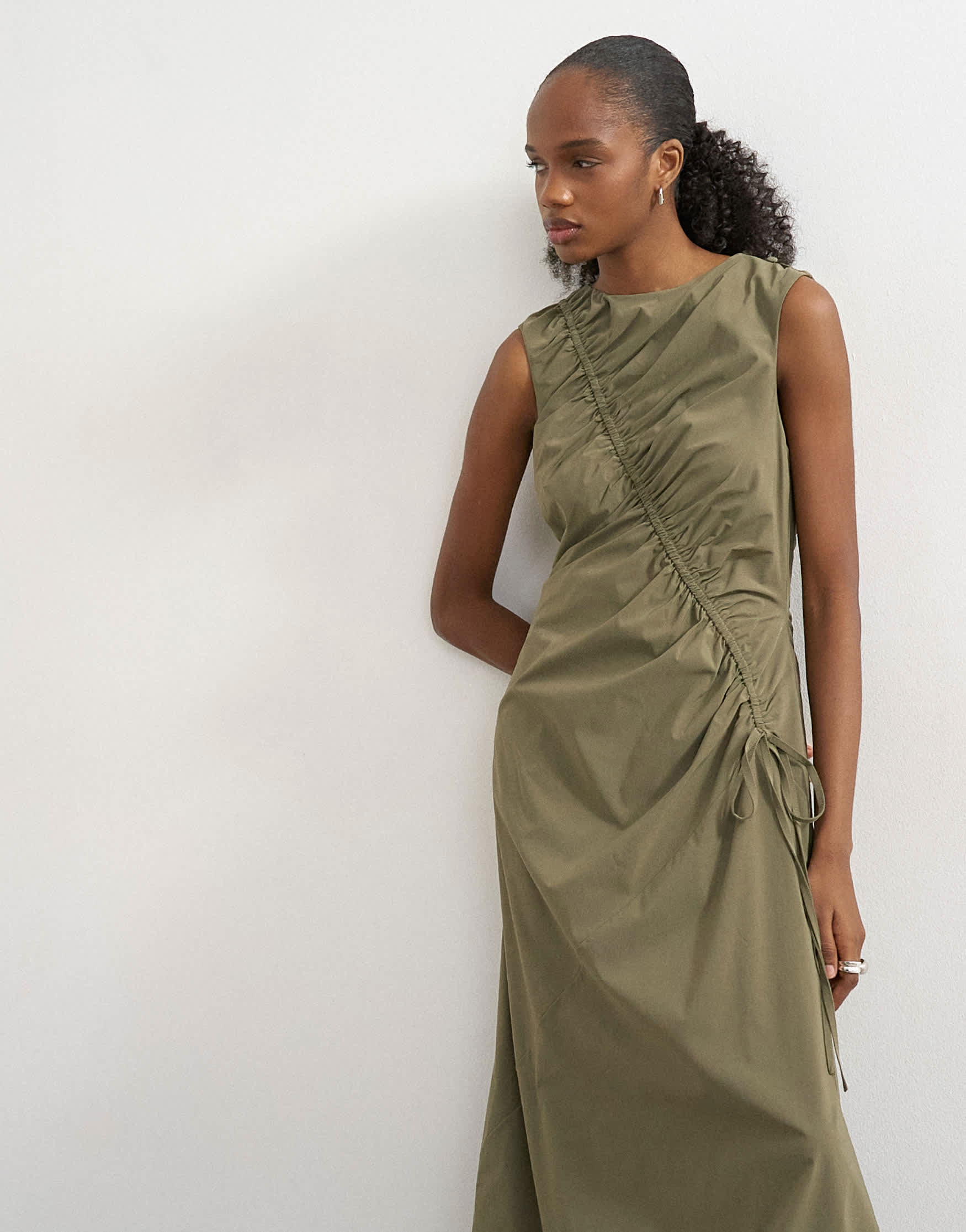 Topshop drawcord detail tech fabric balloon maxi dress in khaki