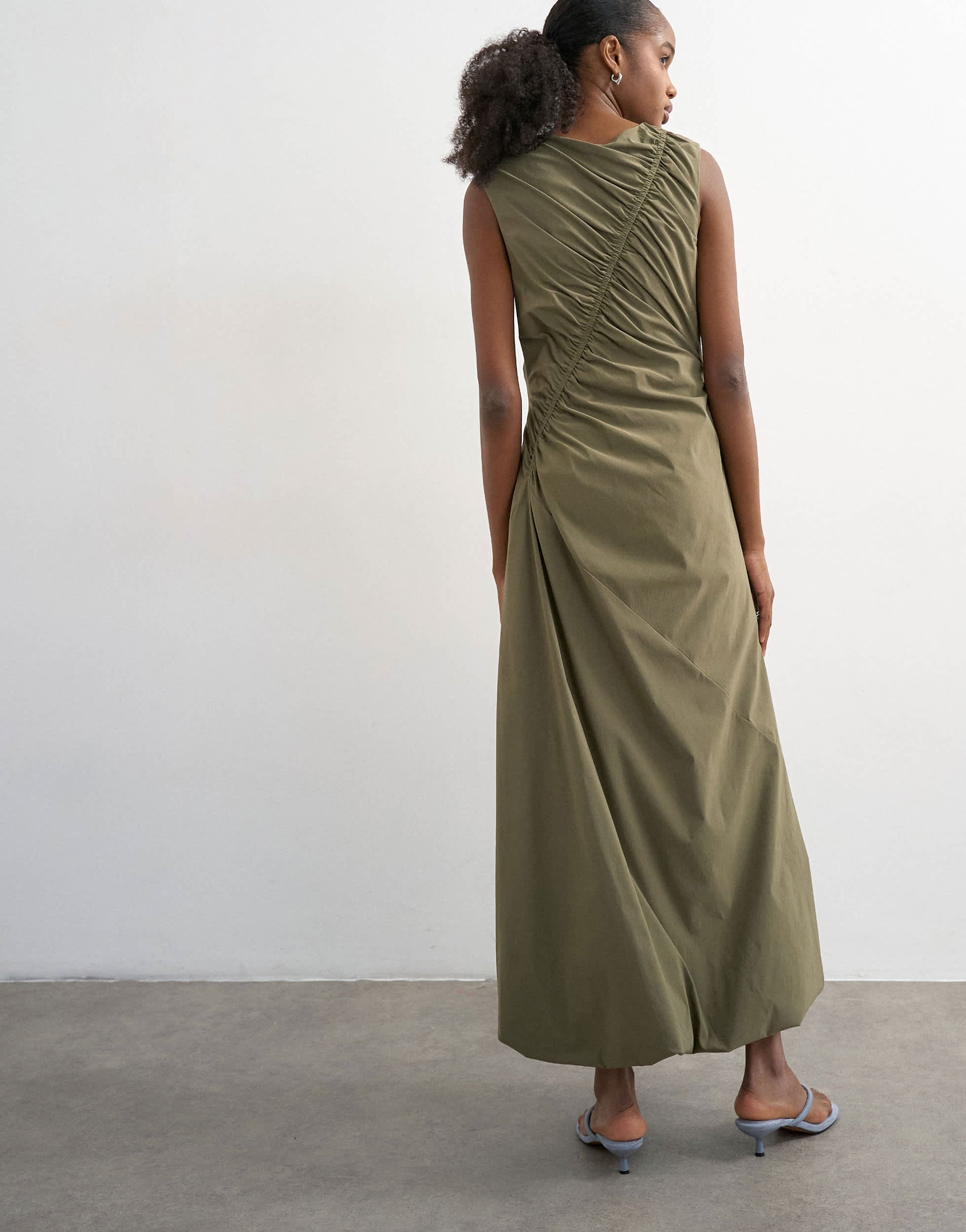 Topshop drawcord detail tech fabric balloon maxi dress in khaki