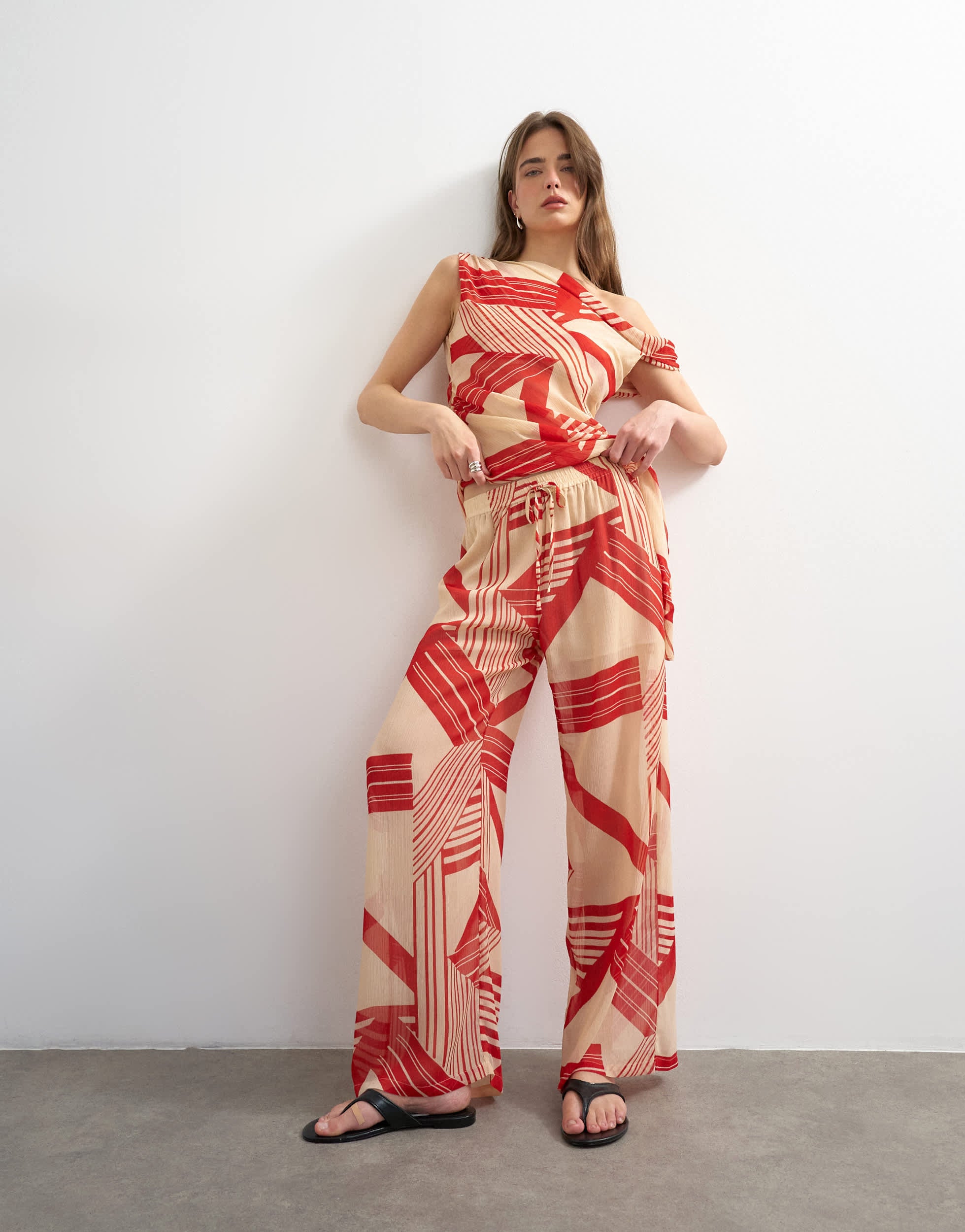 Topshop chiffon stripe print wide leg trouser co-ord in red