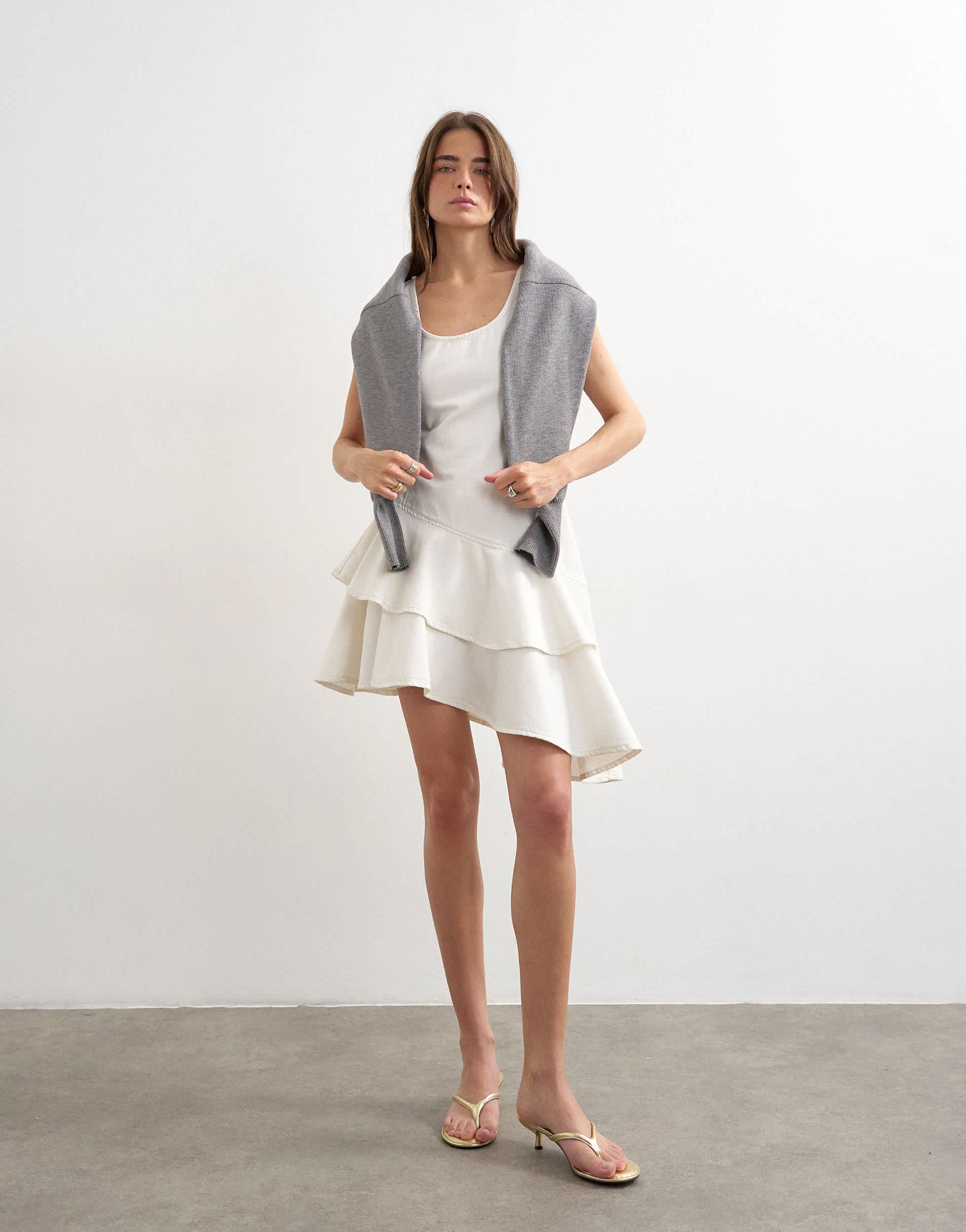 Topshop denim high low ruffle dress in bone
