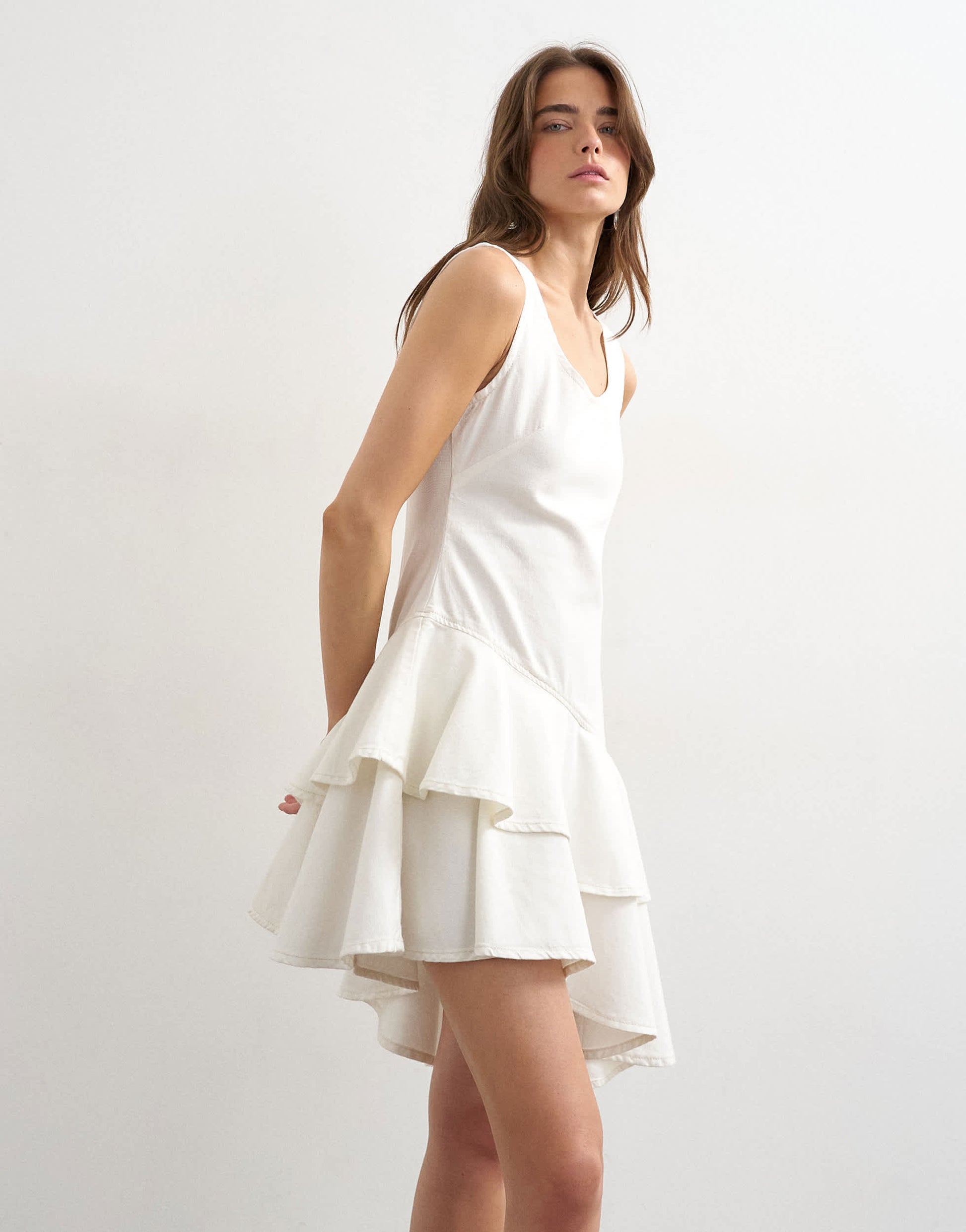 Topshop denim high low ruffle dress in bone