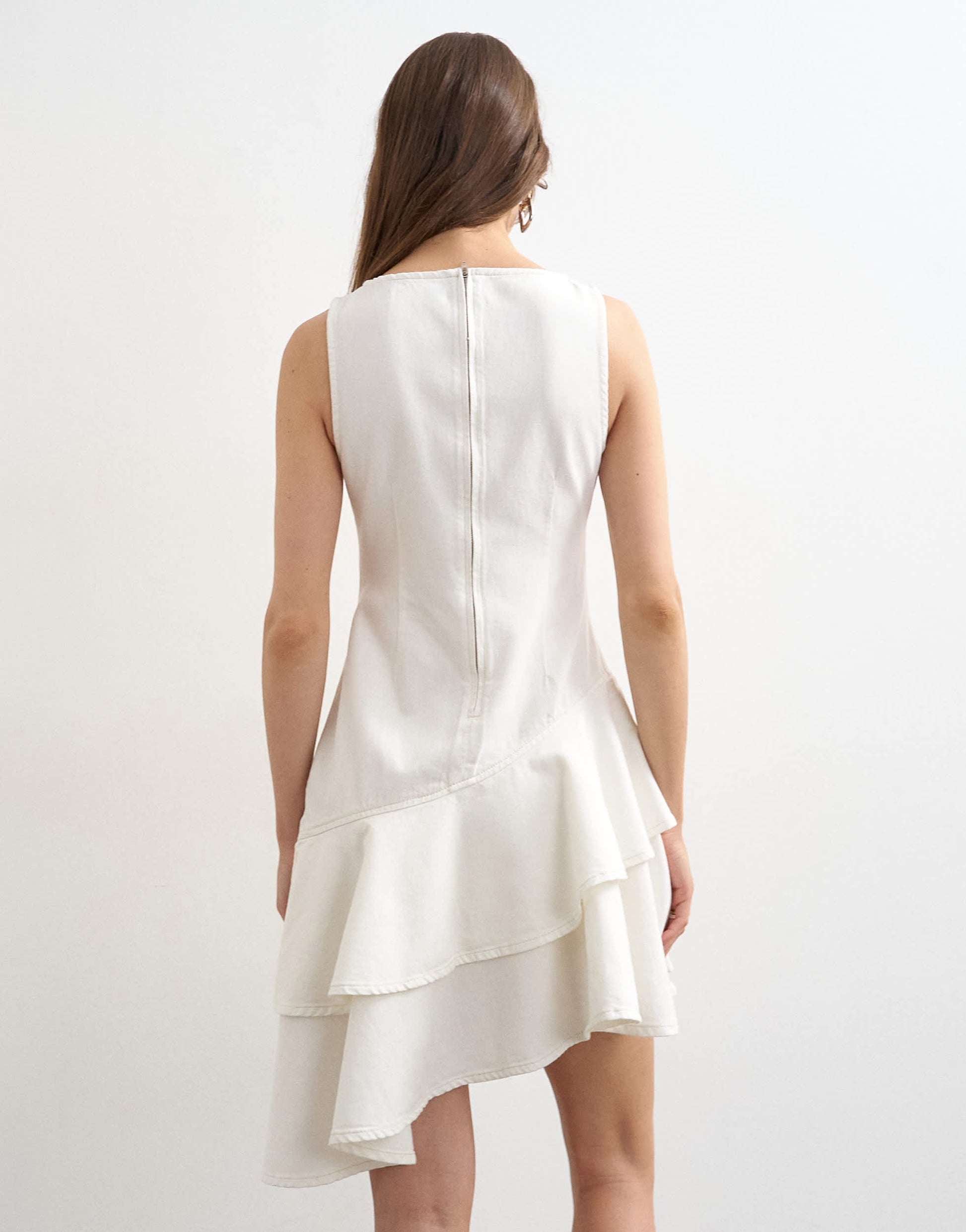 Topshop denim high low ruffle dress in bone