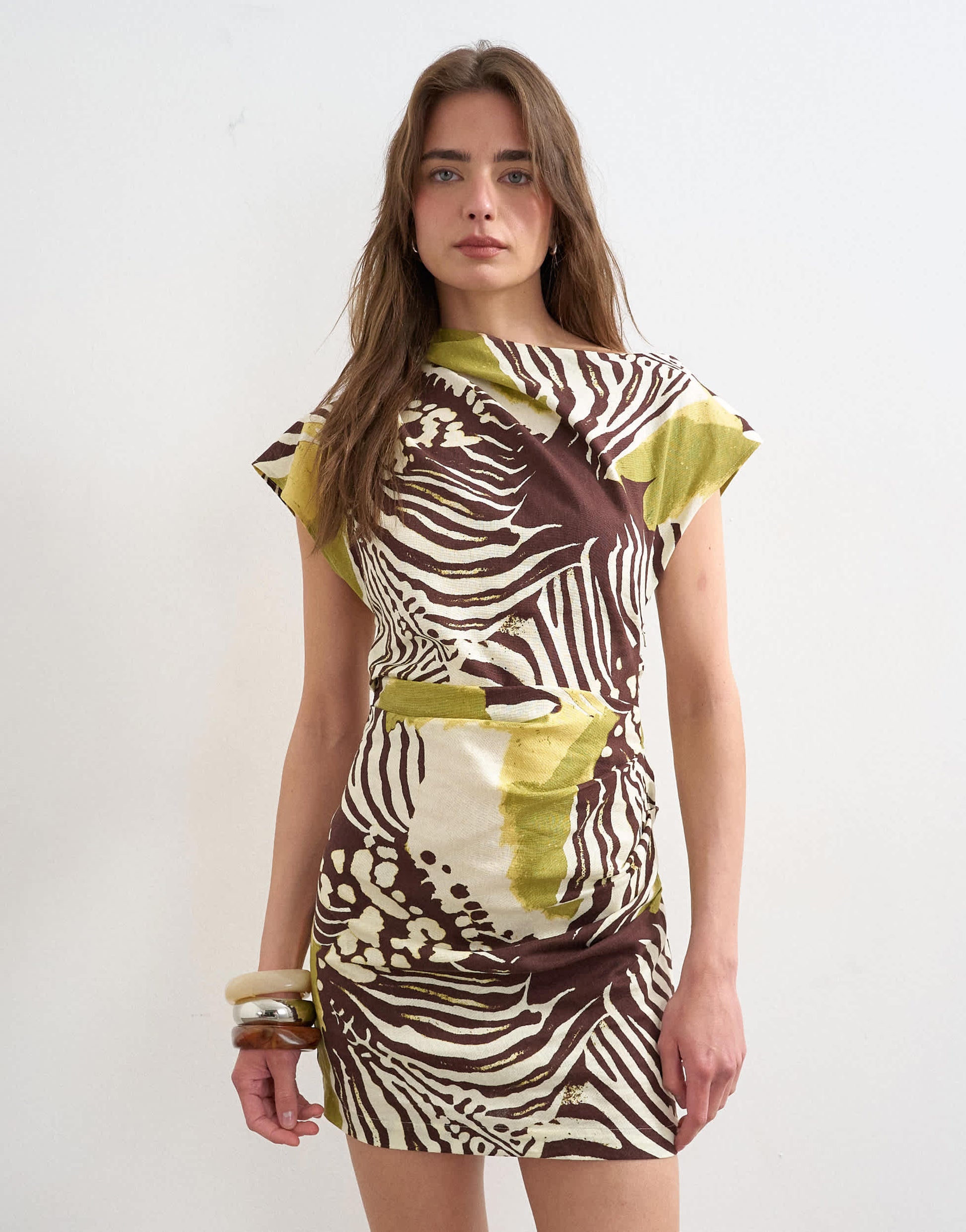 Topshop linen rich drape asymmetric mini dress in khaki and brown abstract animal print