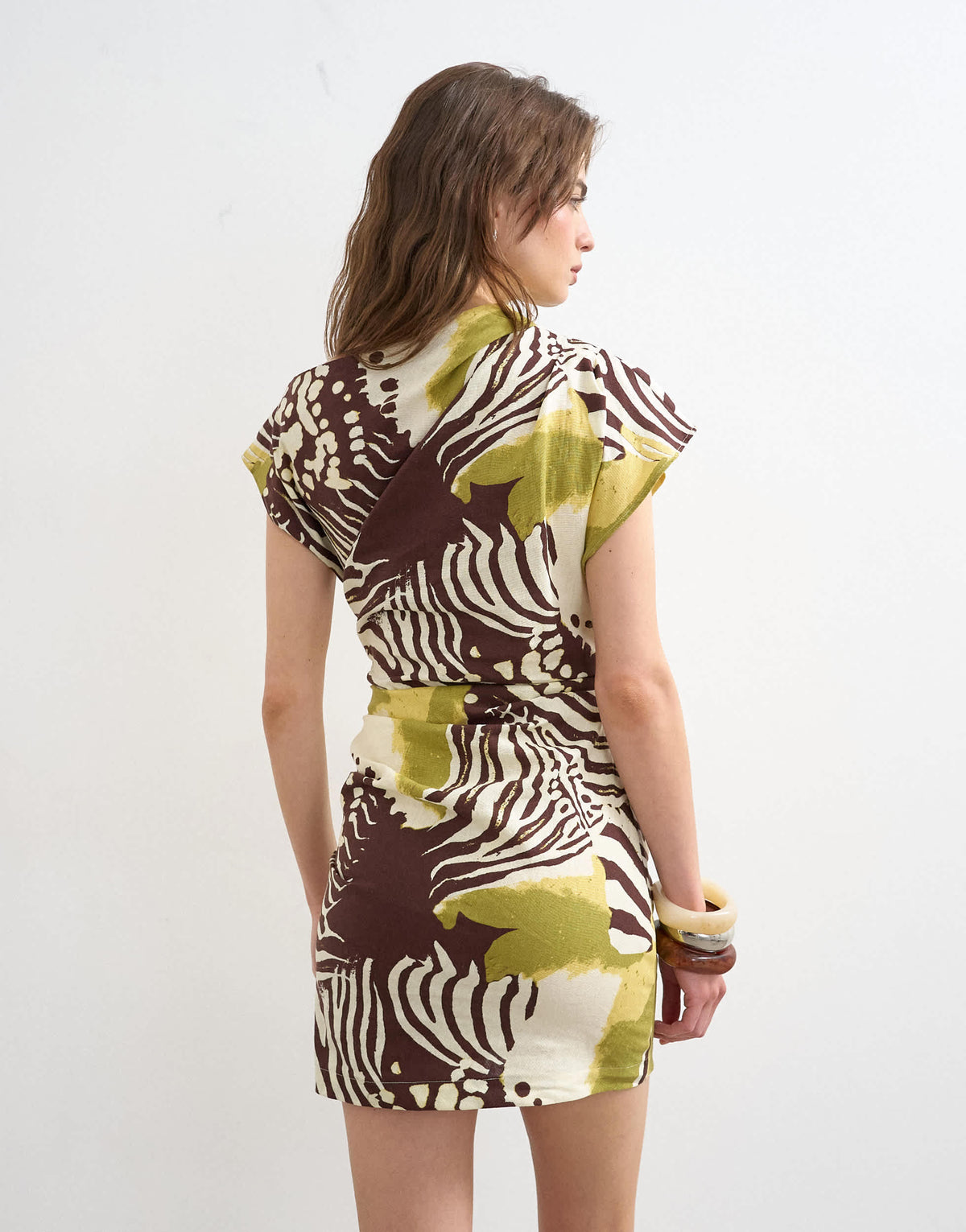 Topshop linen rich drape asymmetric mini dress in khaki and brown abstract animal print