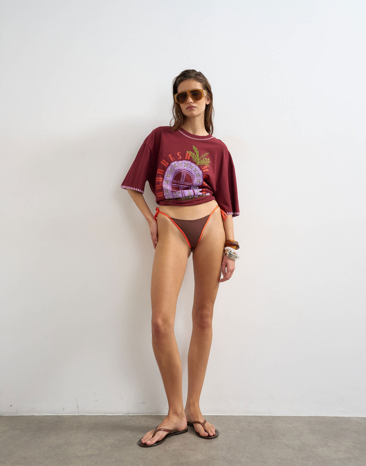 Topshop Ibiza thong bikini bottom in chocolate and orange
