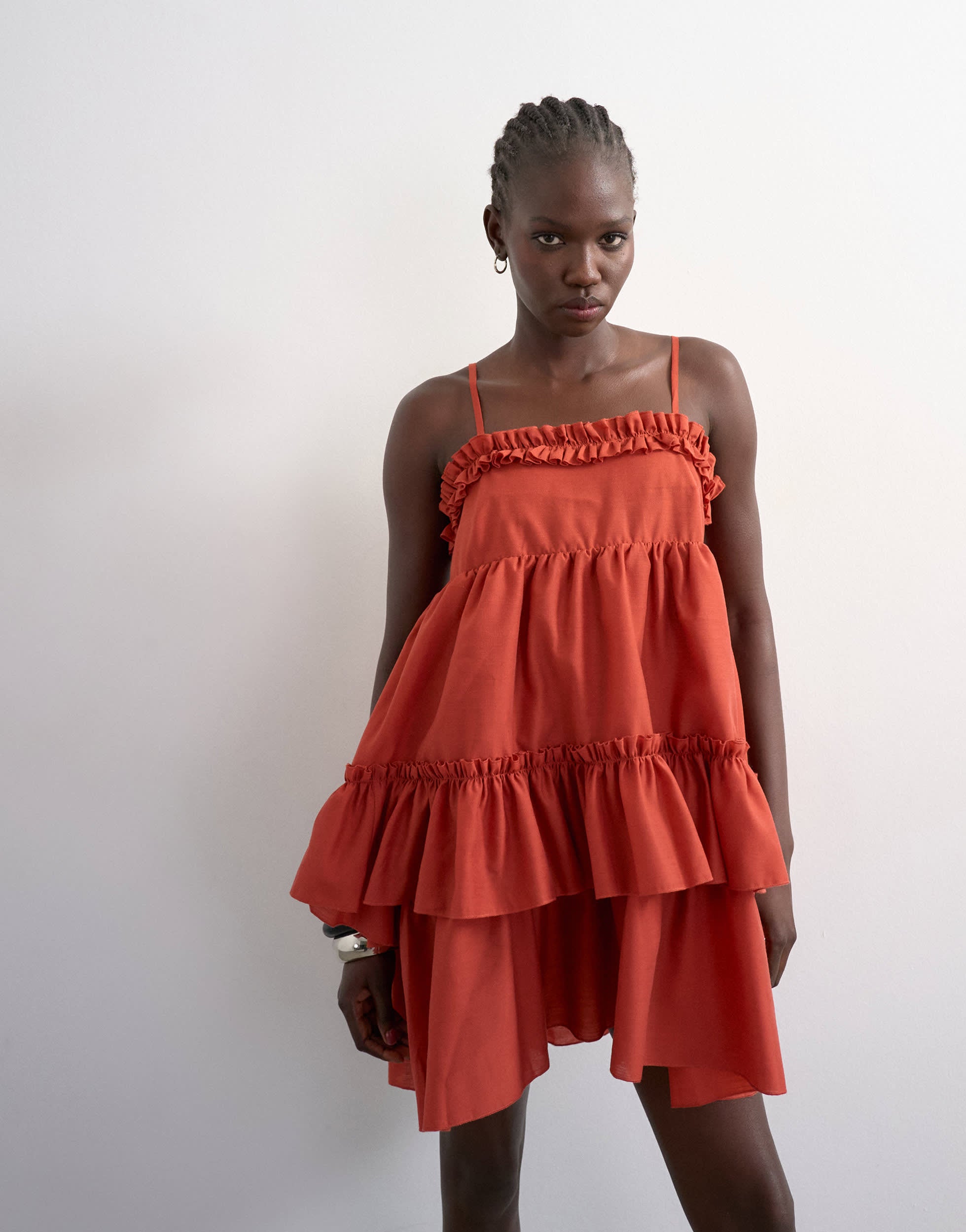 Topshop voluminous frill midi dress in rust