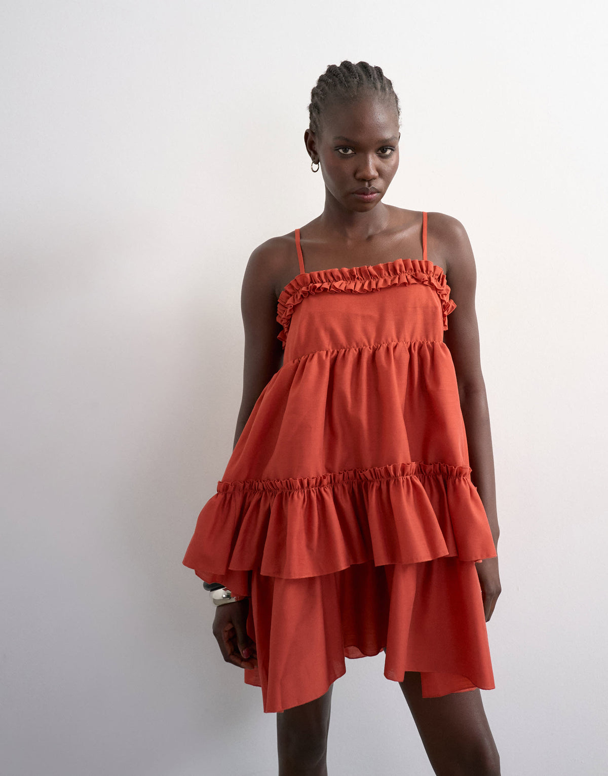 Topshop voluminous frill mini dress in rust