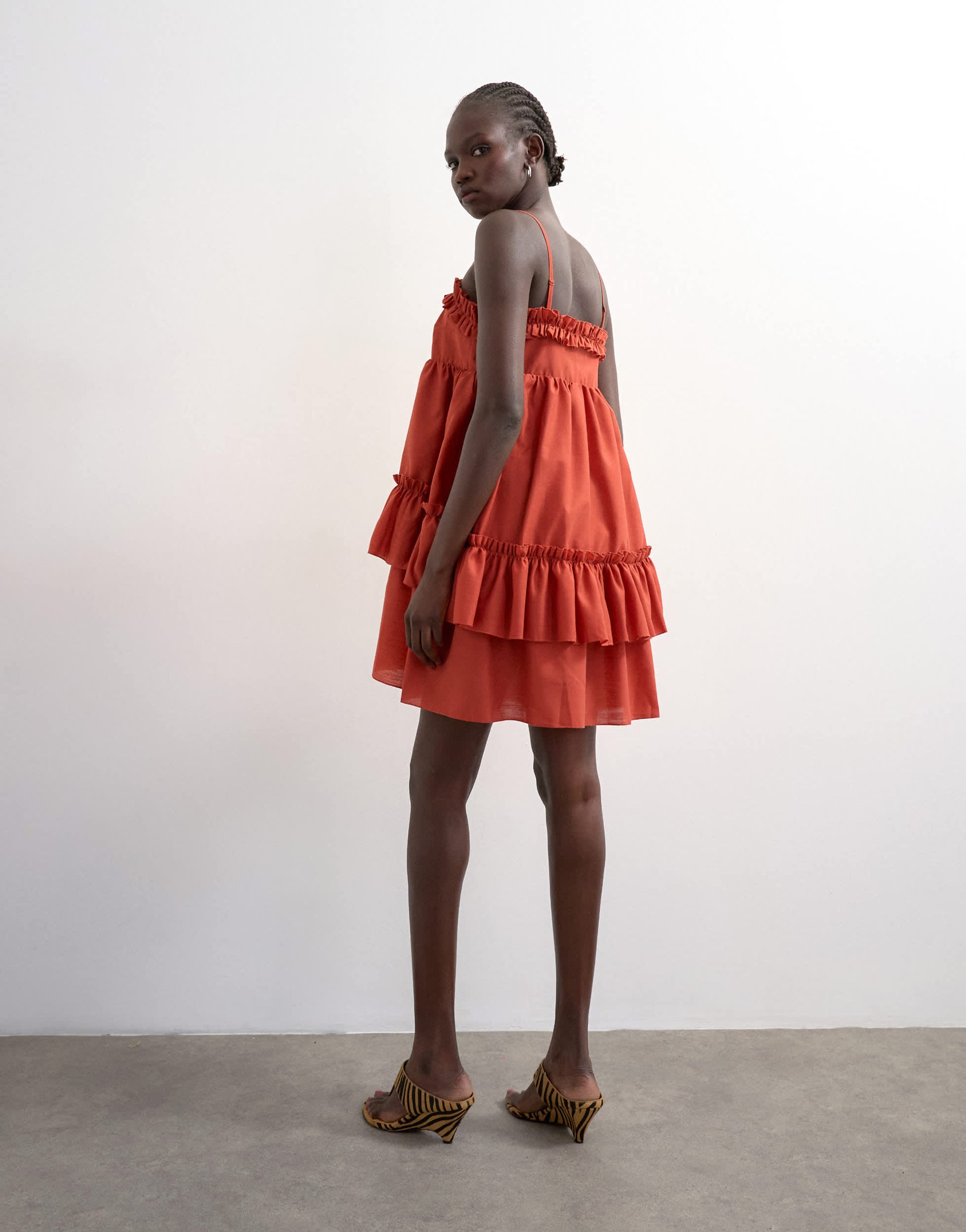 Topshop voluminous frill midi dress in rust