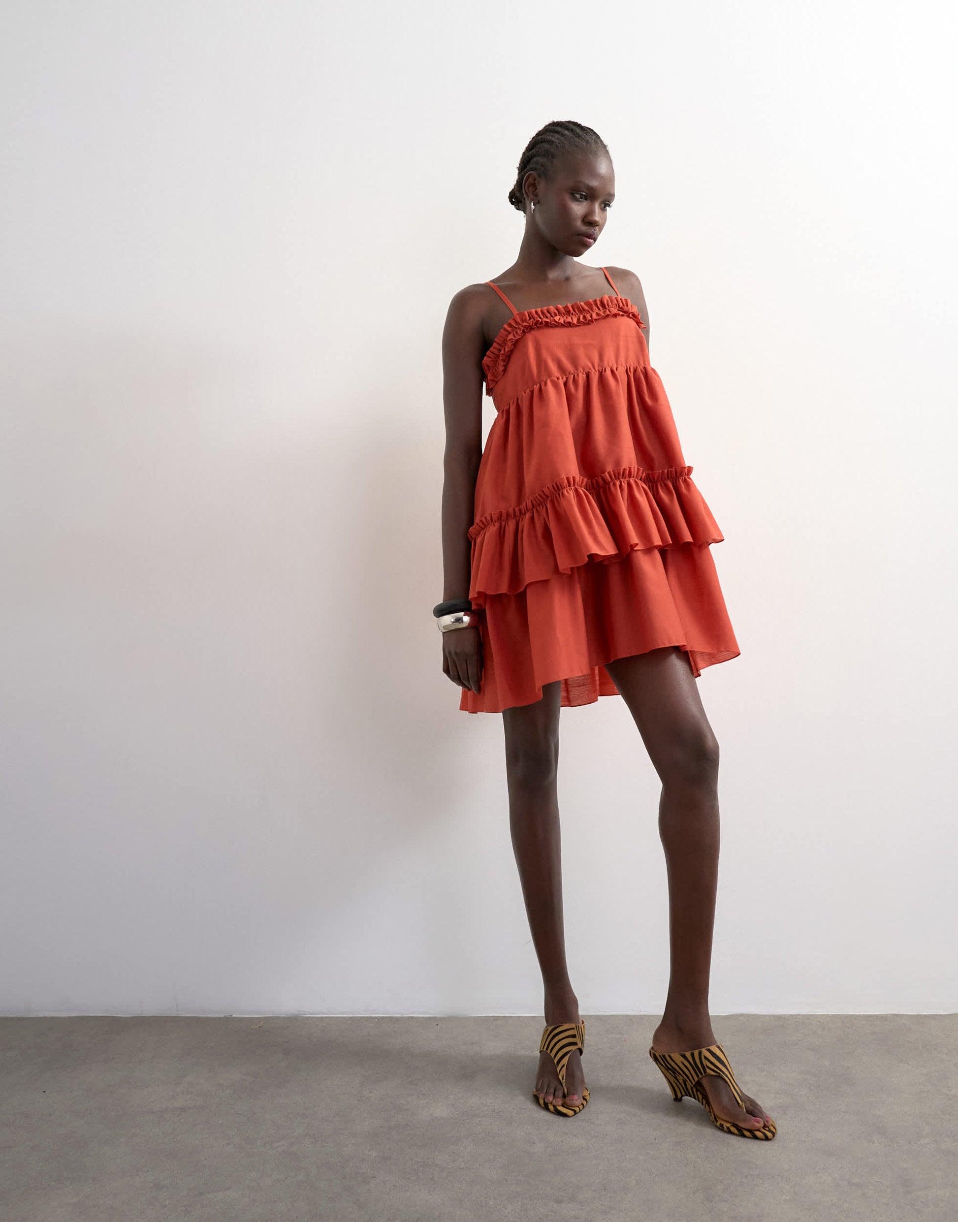Topshop voluminous frill midi dress in rust