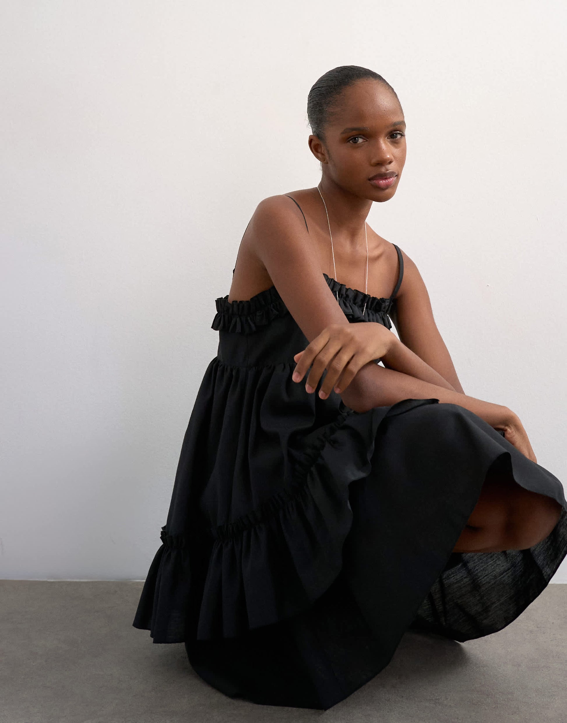Topshop voluminous frill midi dress in black