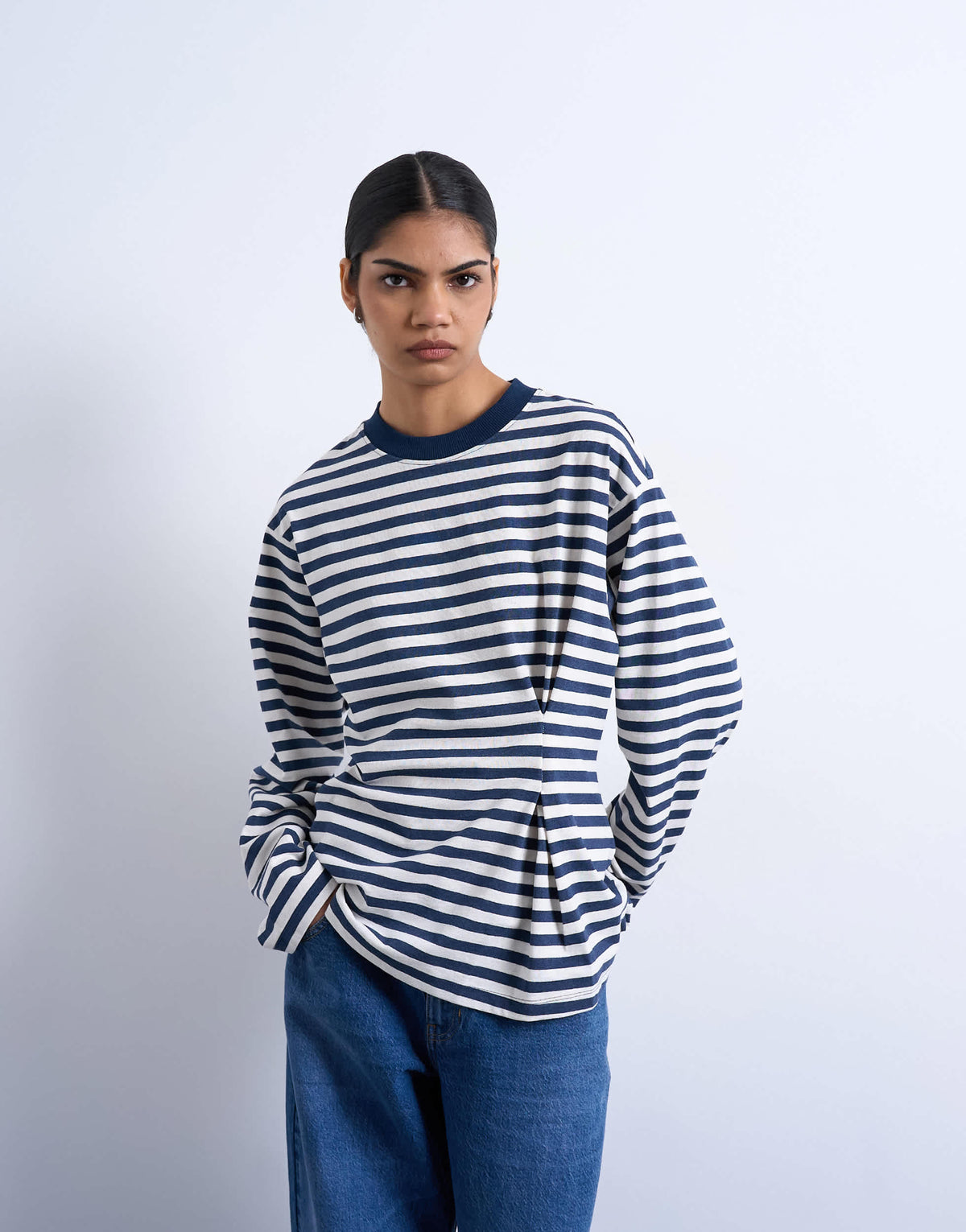 Topshop stripe tuck waist tee in blue & white