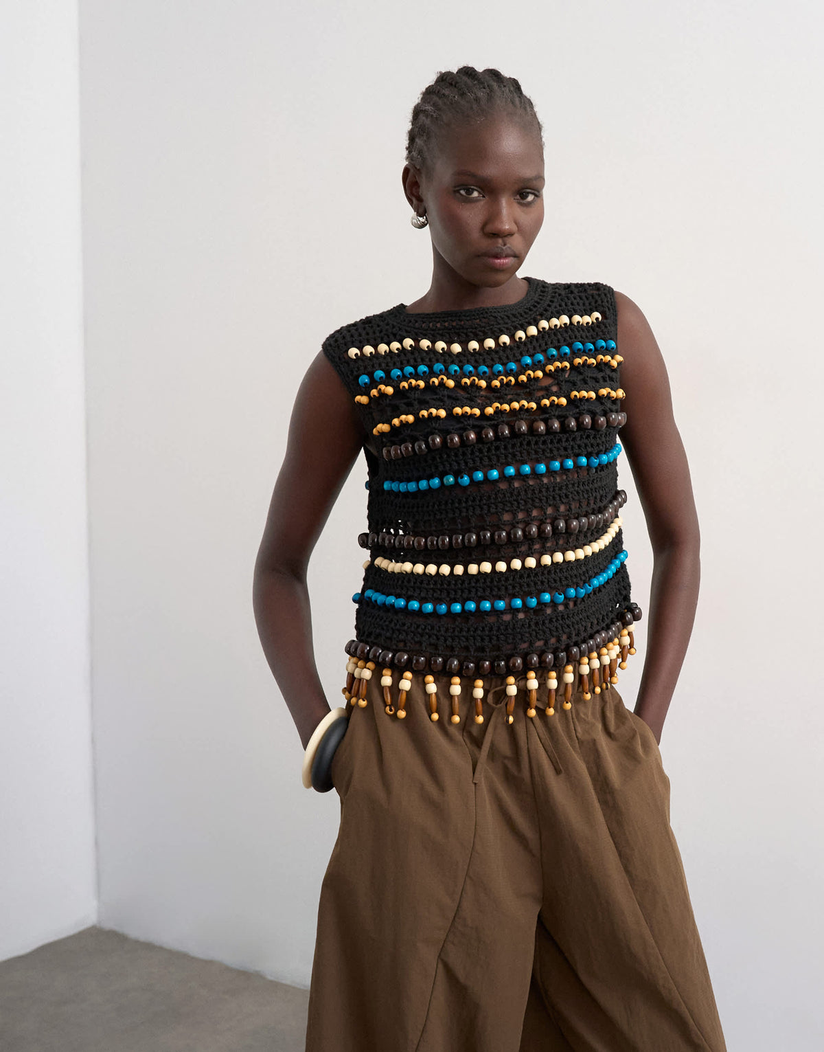 Topshop knitted crochet beaded tank in black