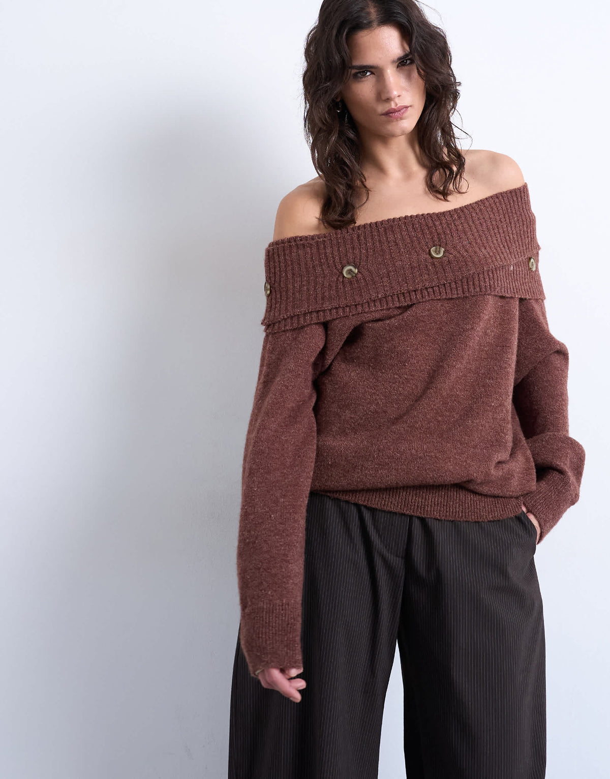 Topshop knitted off shoulder button detail top in brown
