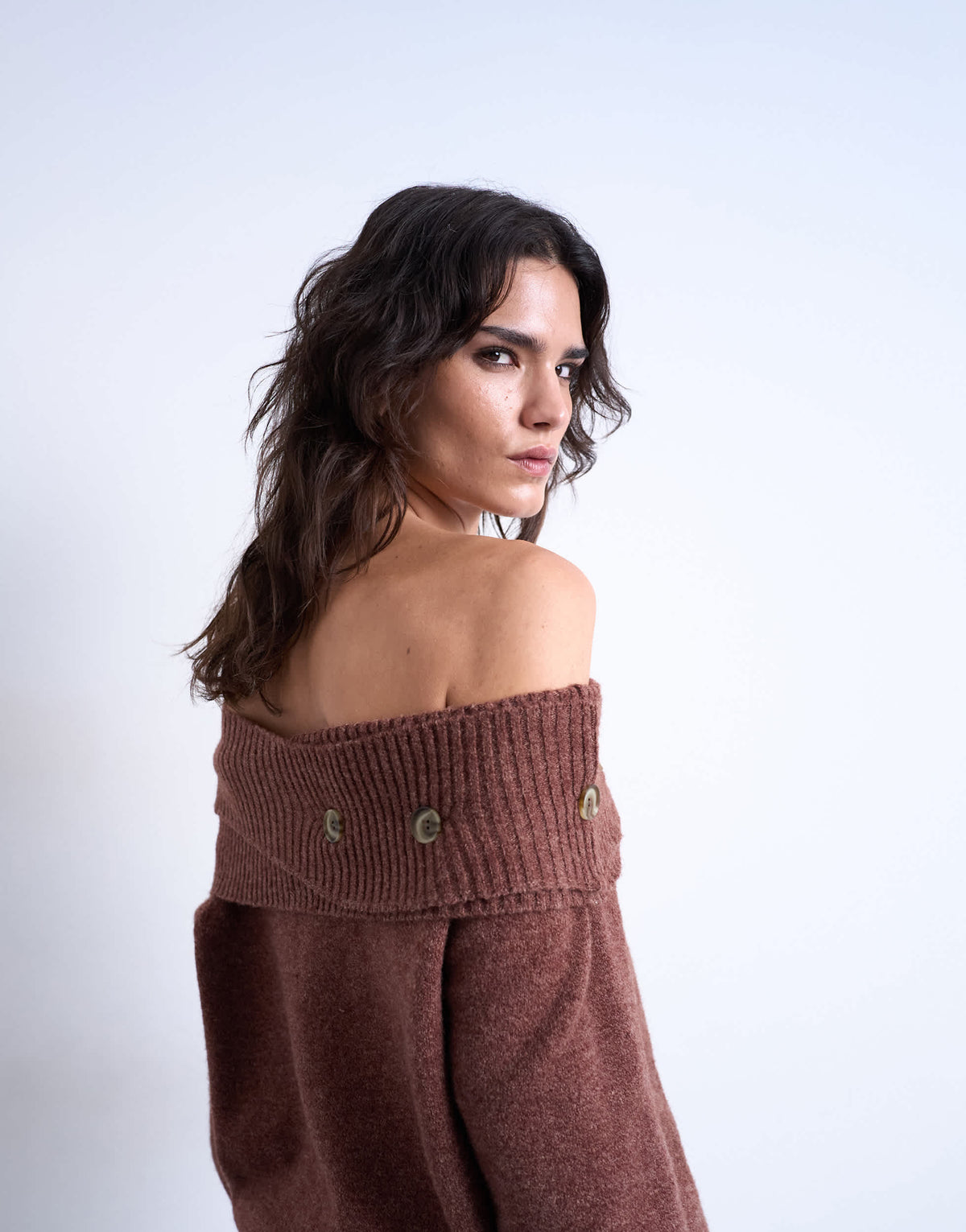Topshop knitted off shoulder button detail top in brown