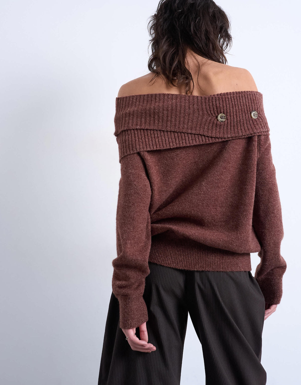 Topshop knitted off shoulder button detail top in brown