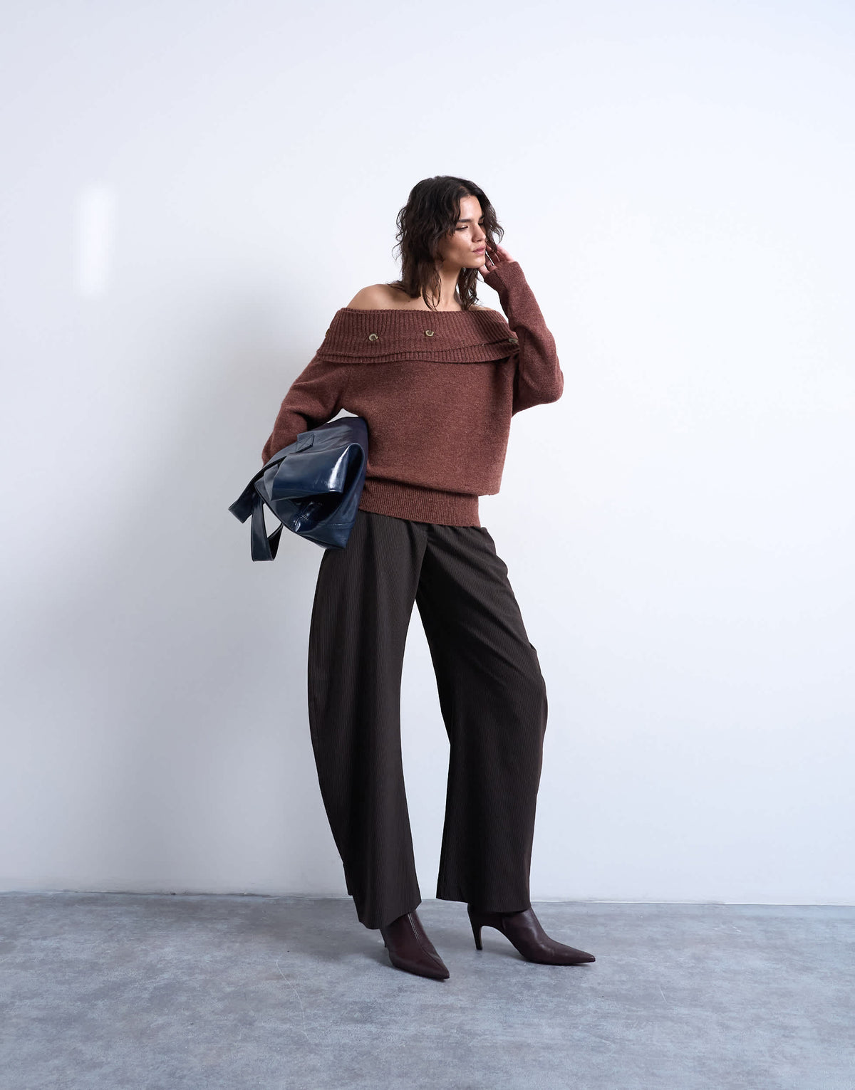 Topshop knitted off shoulder button detail top in brown