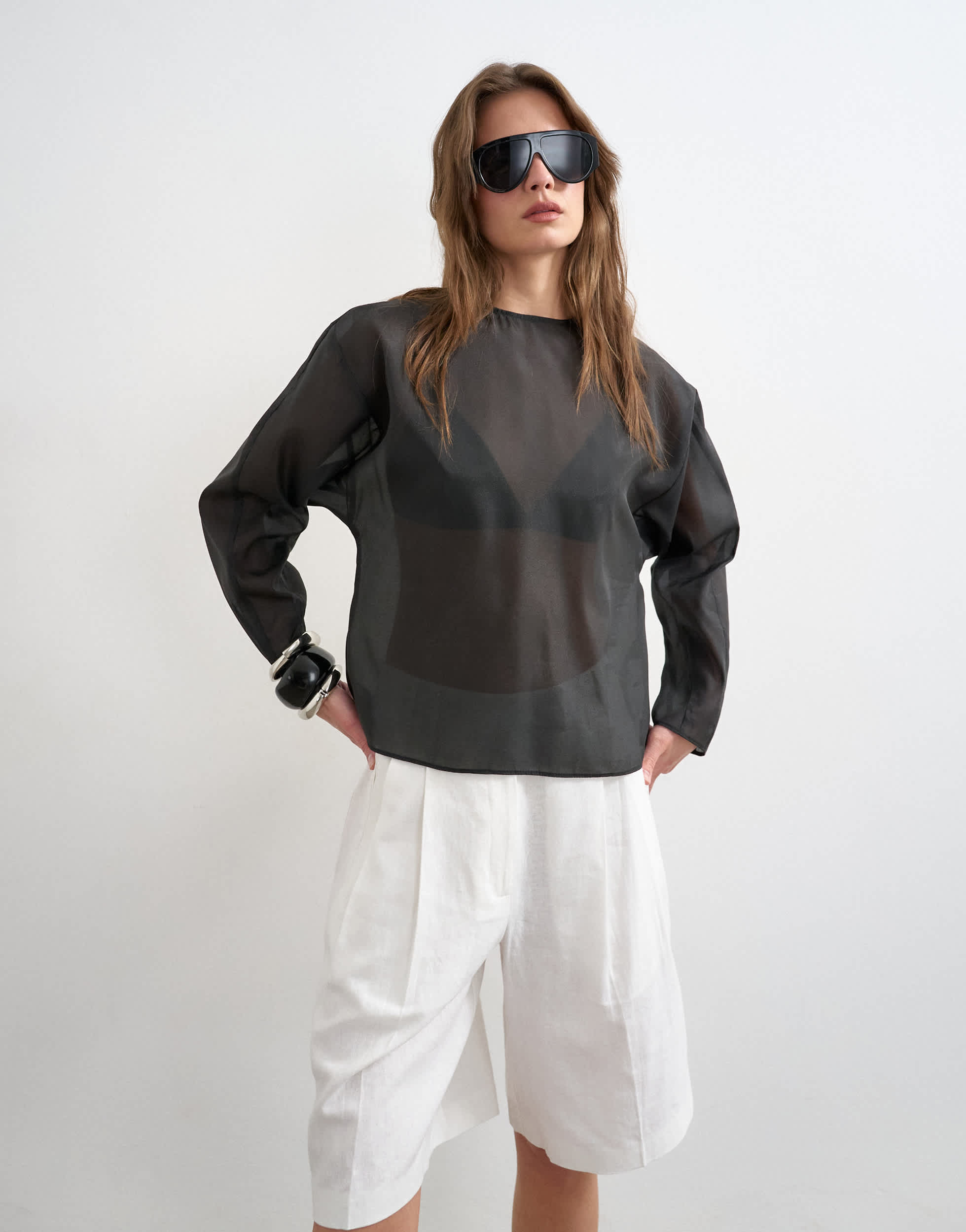 Topshop round neck organza top in black