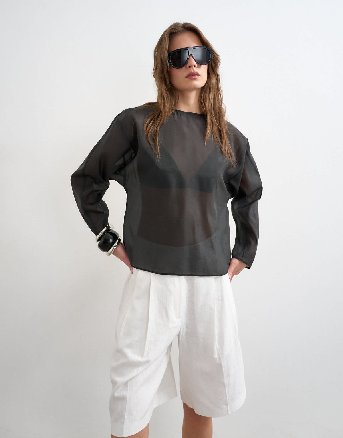 Topshop round neck organza top in black