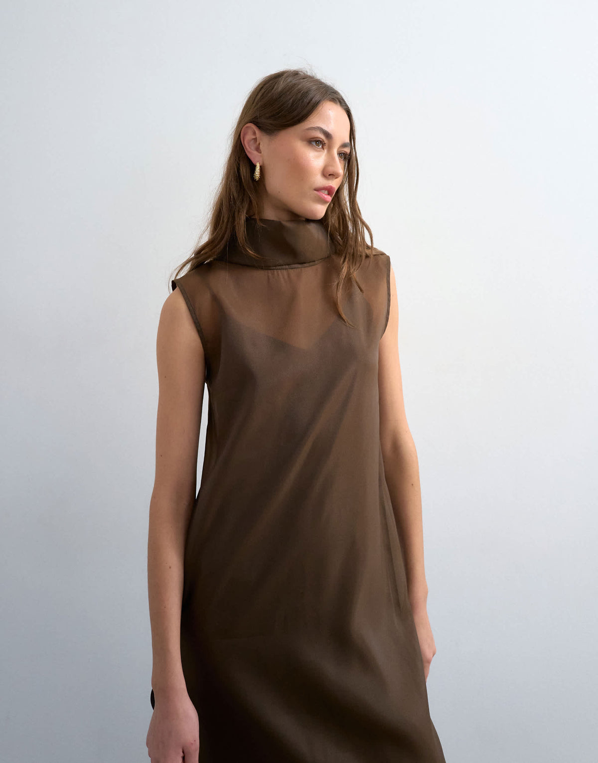 Topshop funnel neck organza sheer maxi dress in chocolate
