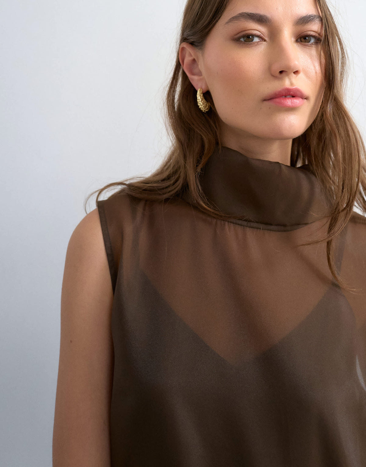Topshop funnel neck organza sheer maxi dress in chocolate