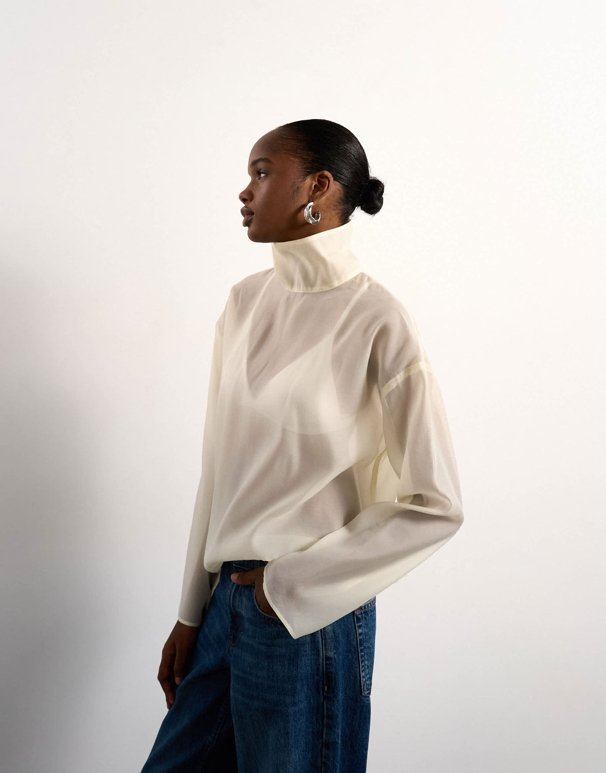 Topshop funnel neck long sleeve organza top in champagne