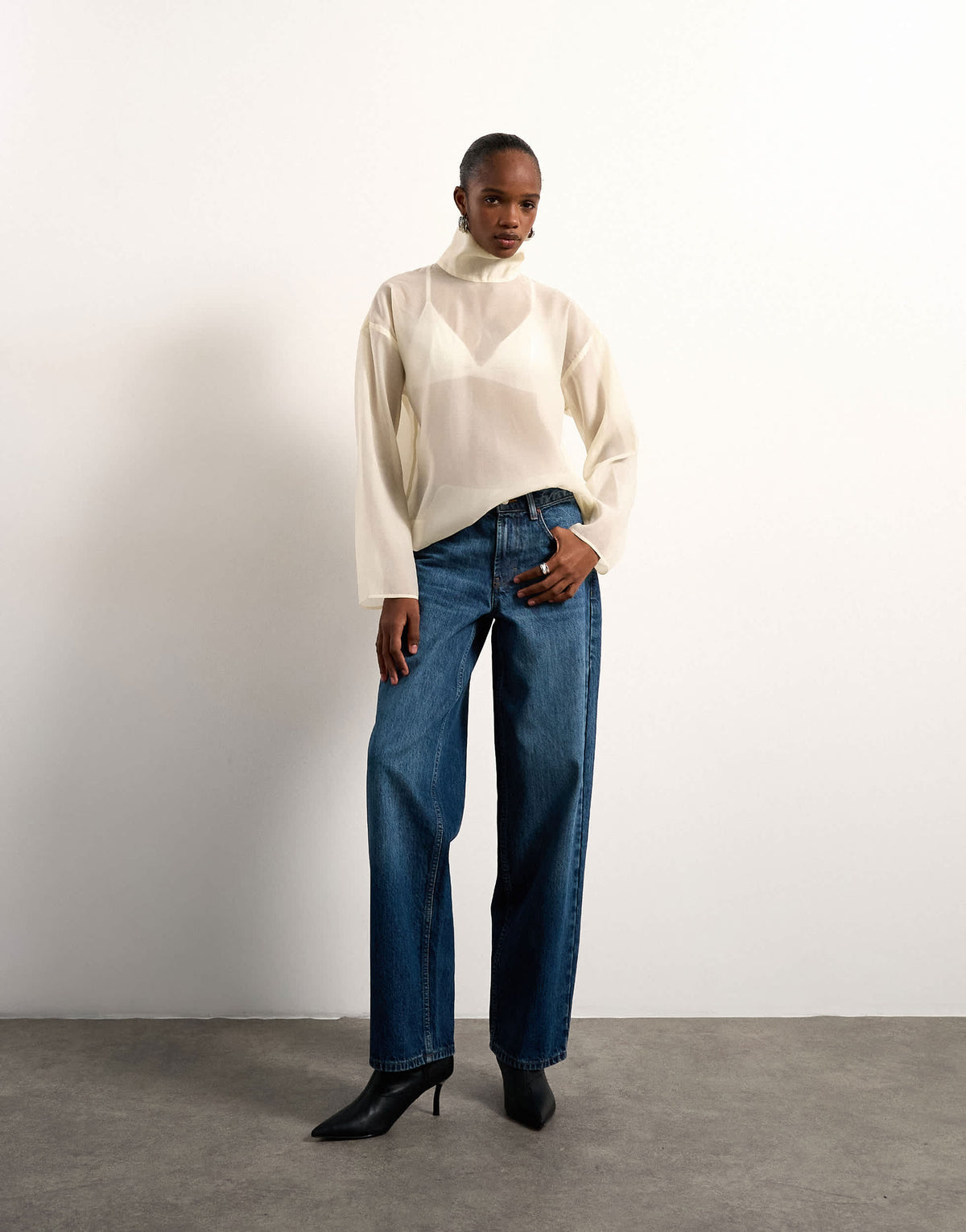 Topshop funnel neck long sleeve organza top in champagne