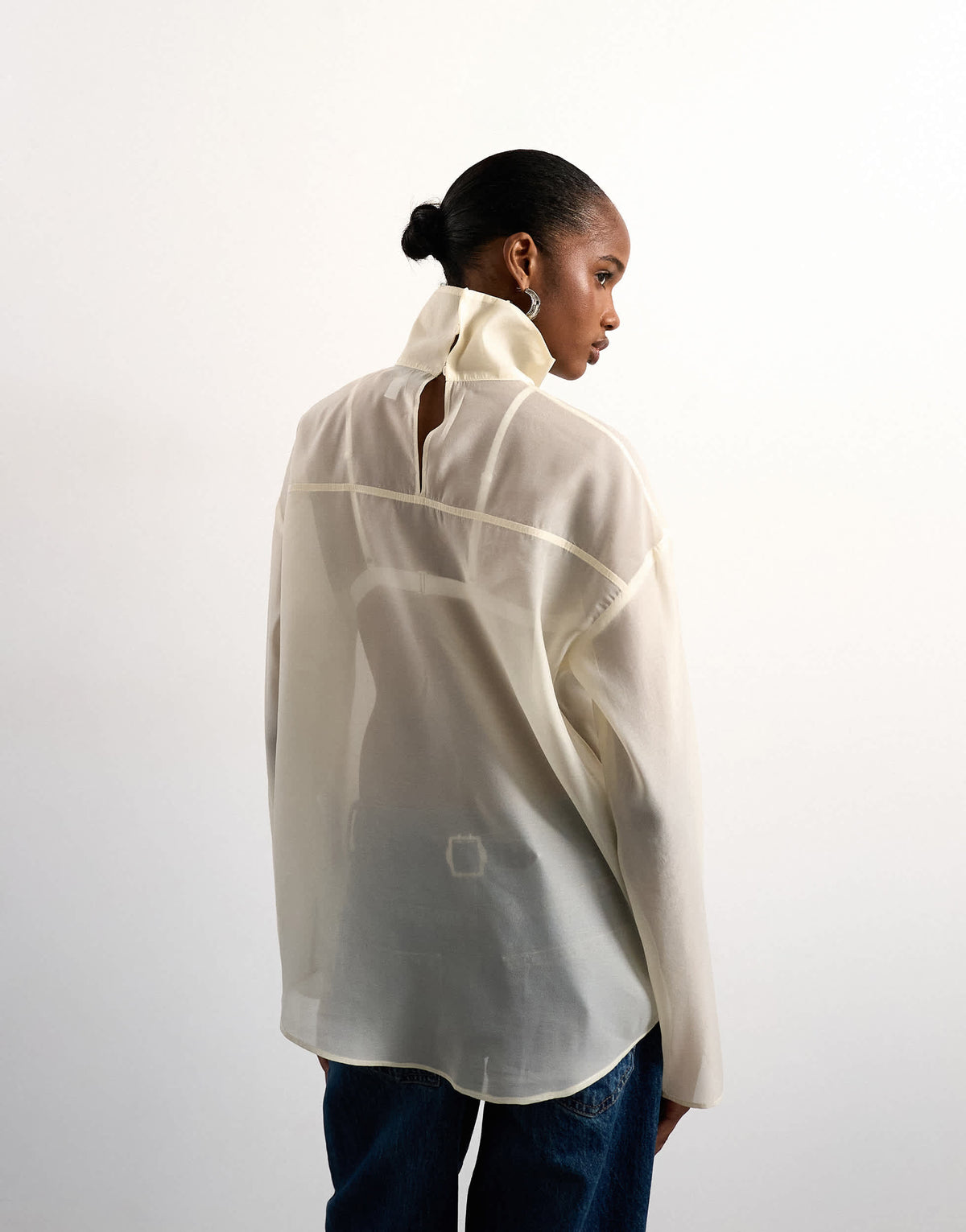 Topshop funnel neck long sleeve organza top in champagne