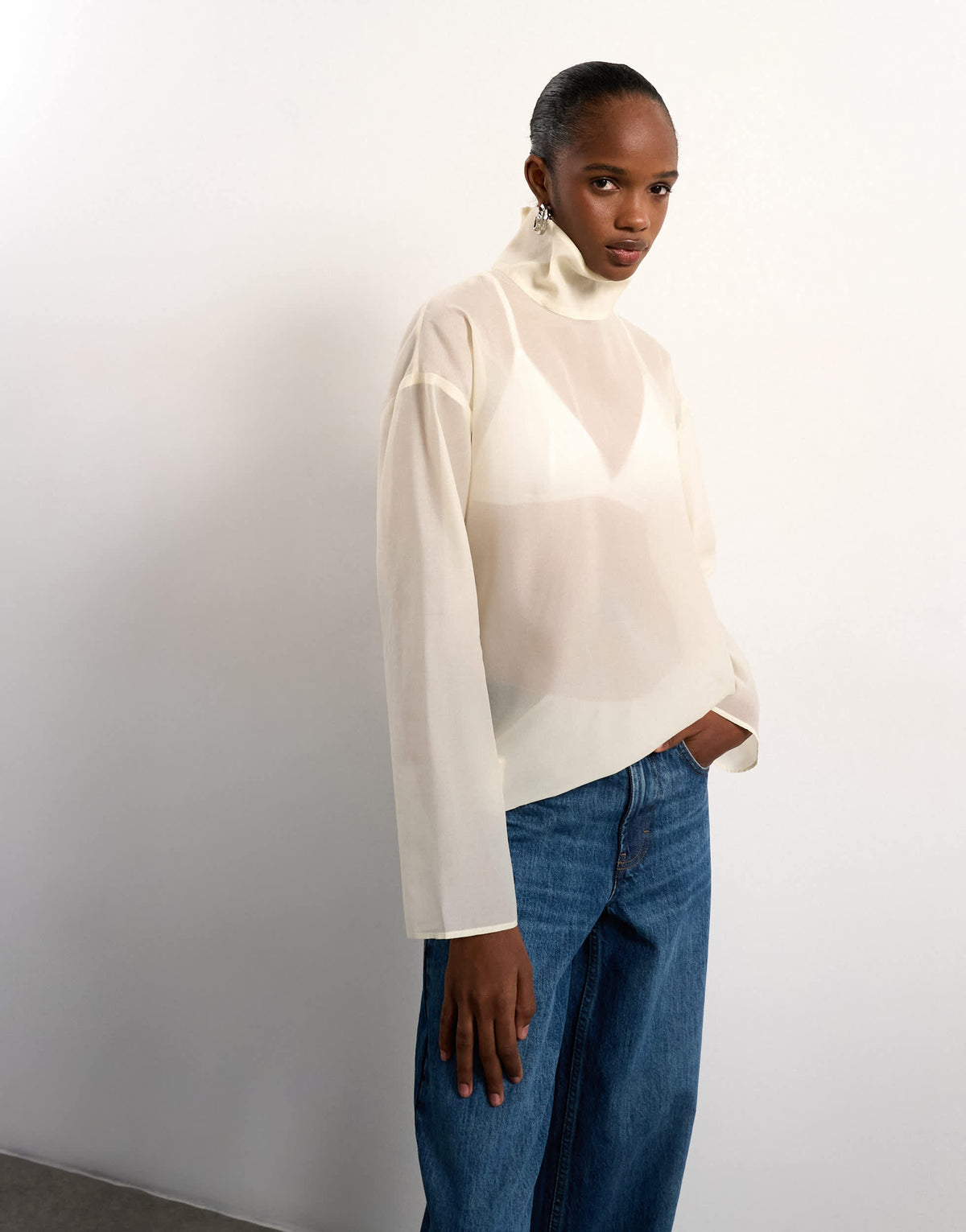Topshop funnel neck long sleeve organza top in champagne