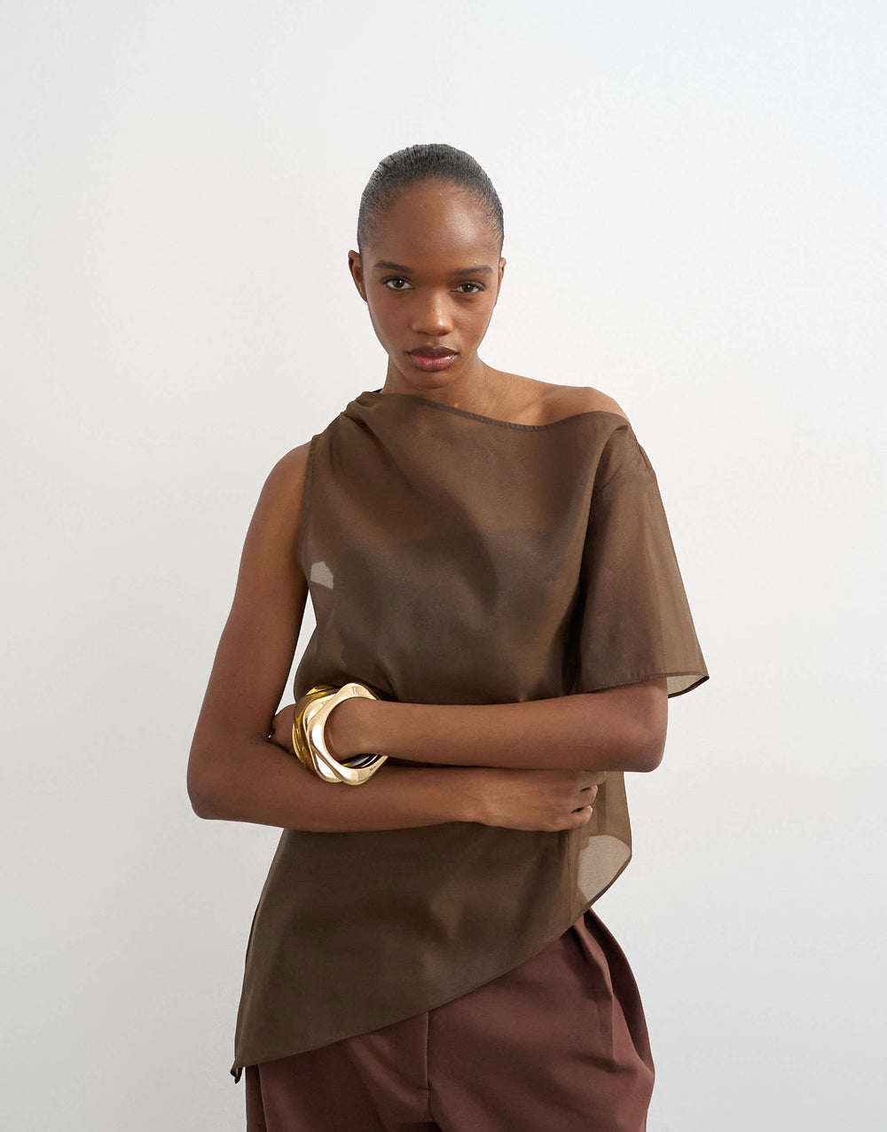 Top Topshop asymétrique en organza couleur chocolat