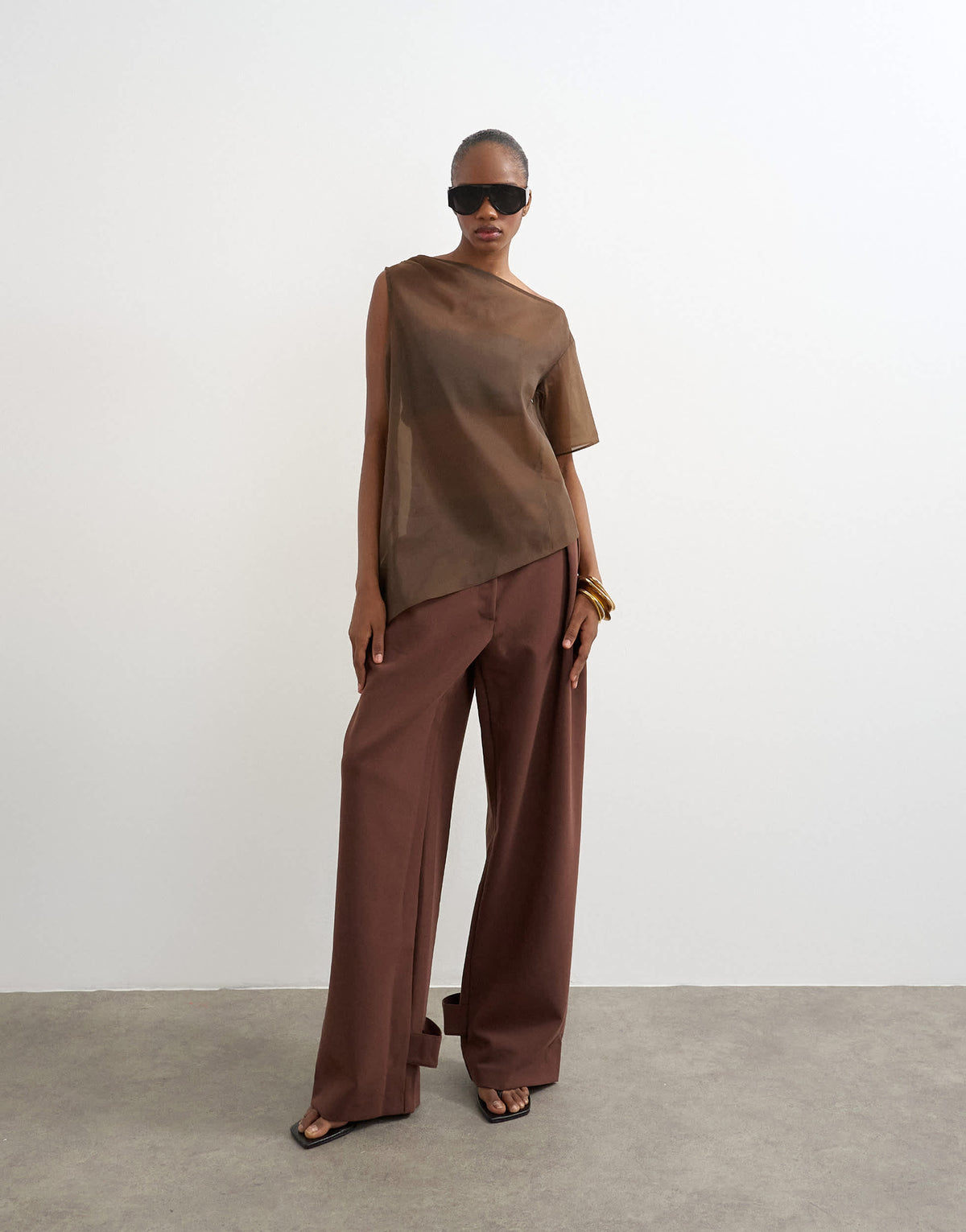 Topshop one shoulder organza top in chocolate