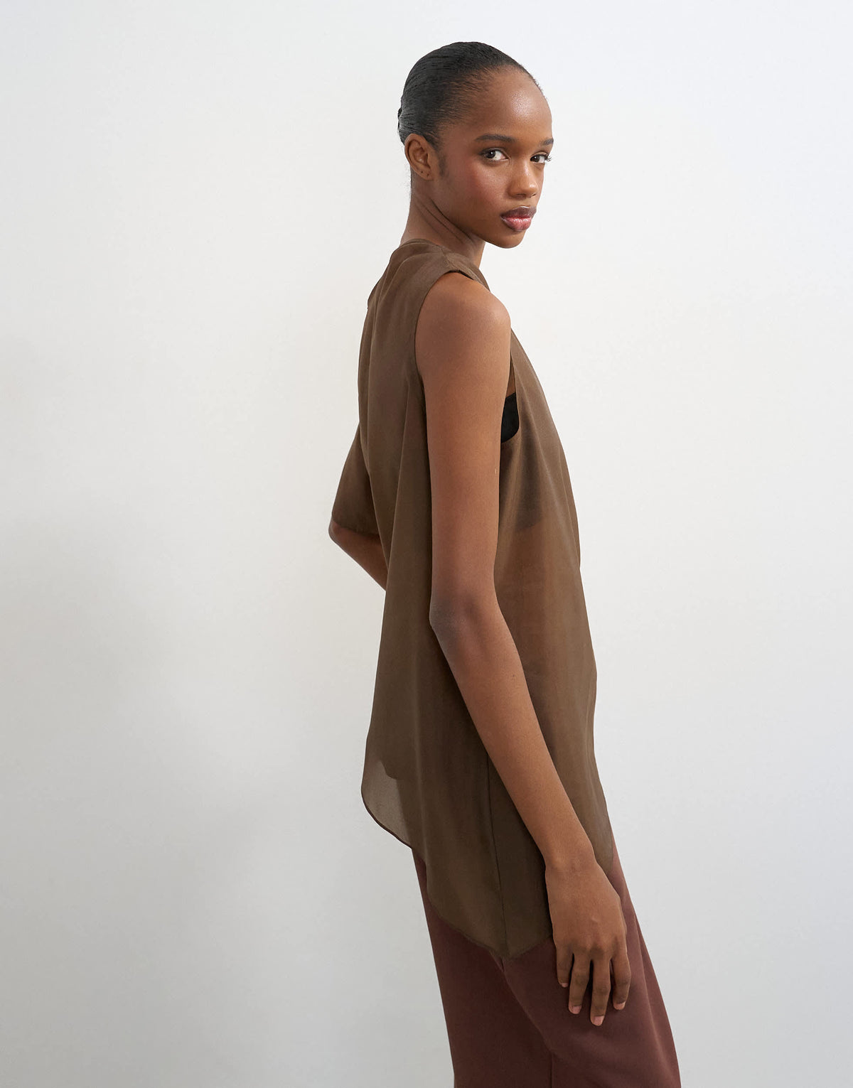 Topshop one shoulder organza top in chocolate