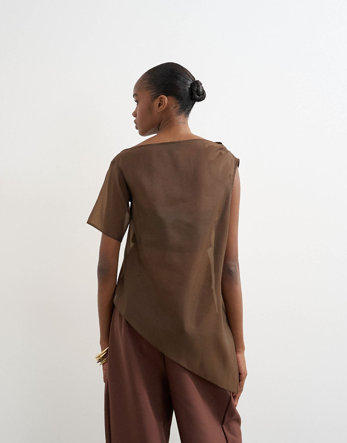 Topshop one shoulder organza top in chocolate