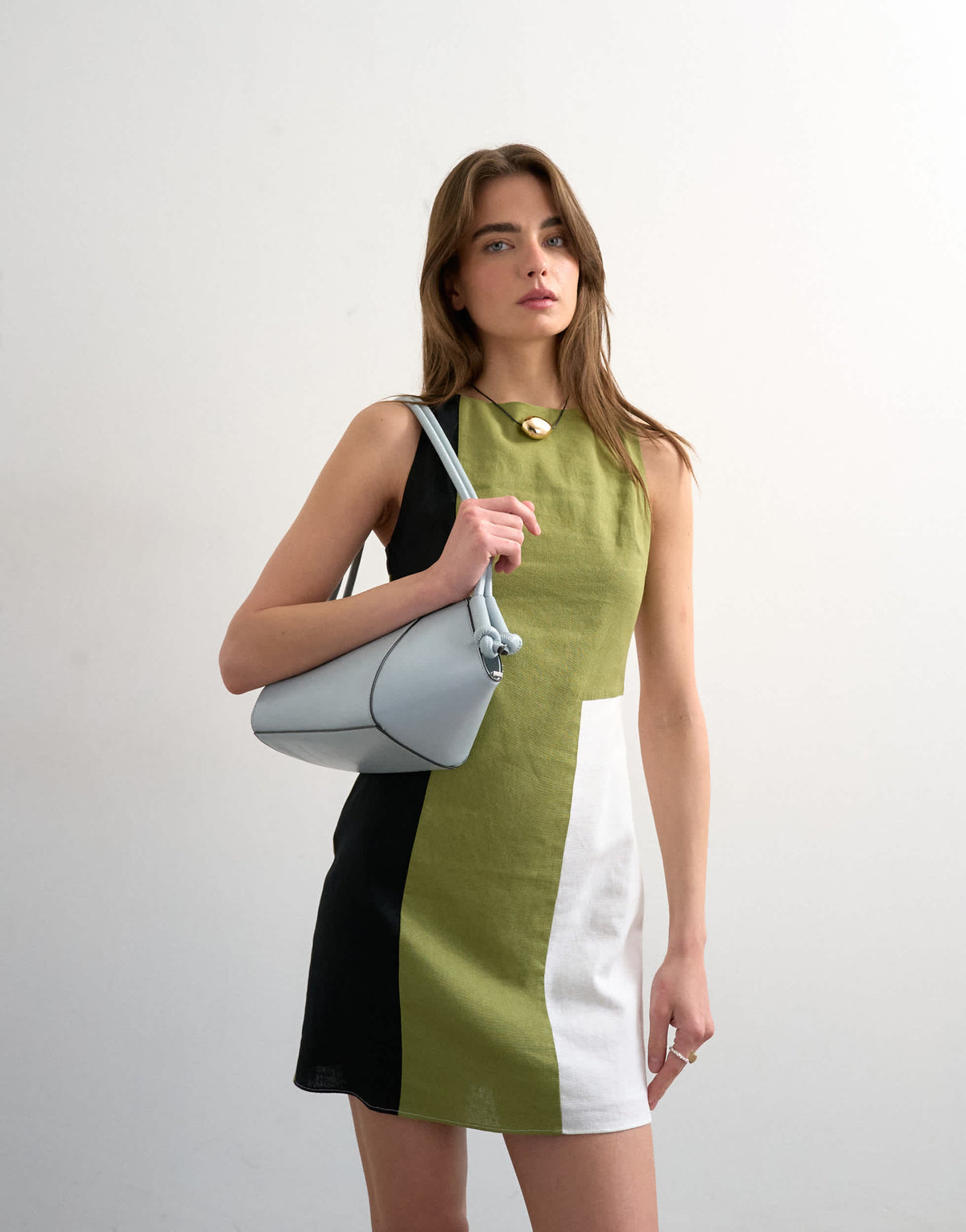 Topshop linen rich open back mini dress in khaki colour block