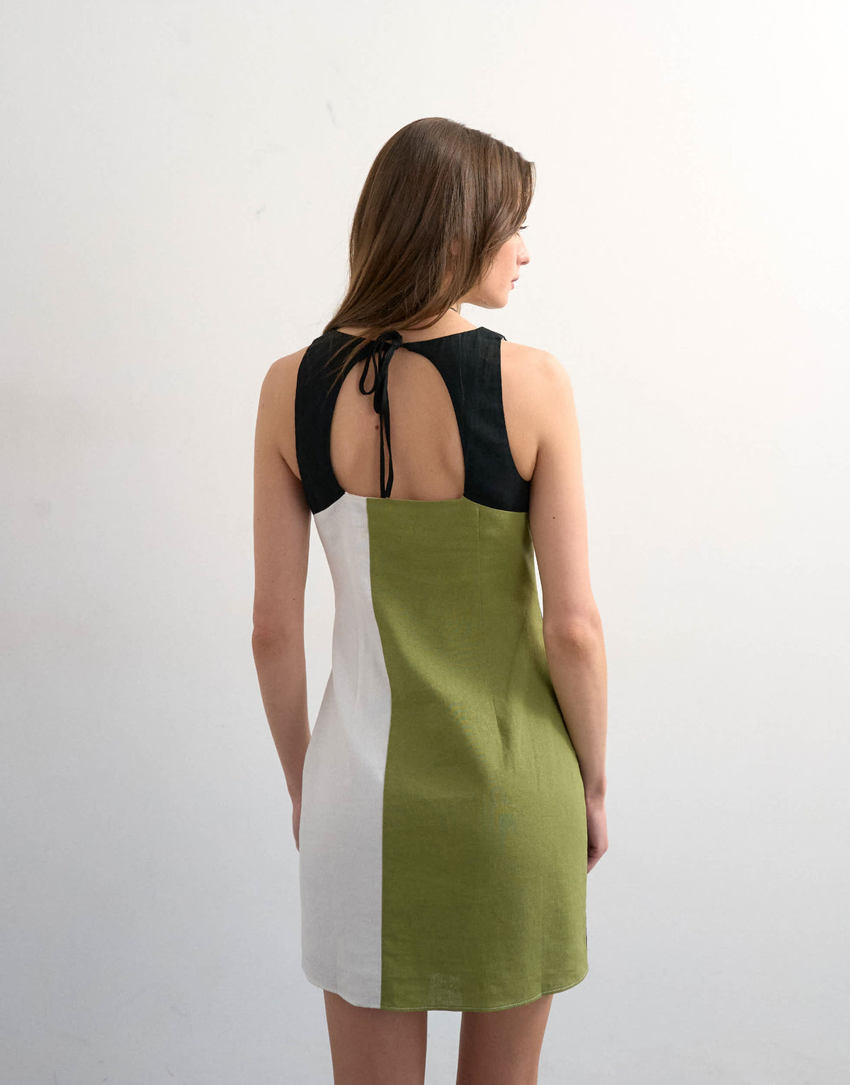 Topshop linen rich open back mini dress in khaki colour block