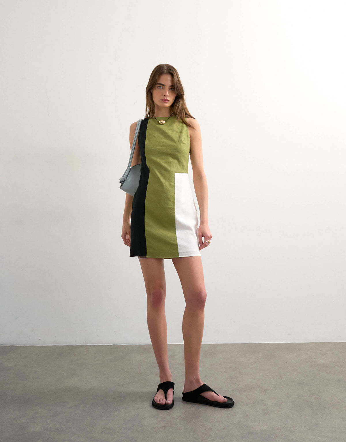 Topshop linen rich open back mini dress in khaki colour block