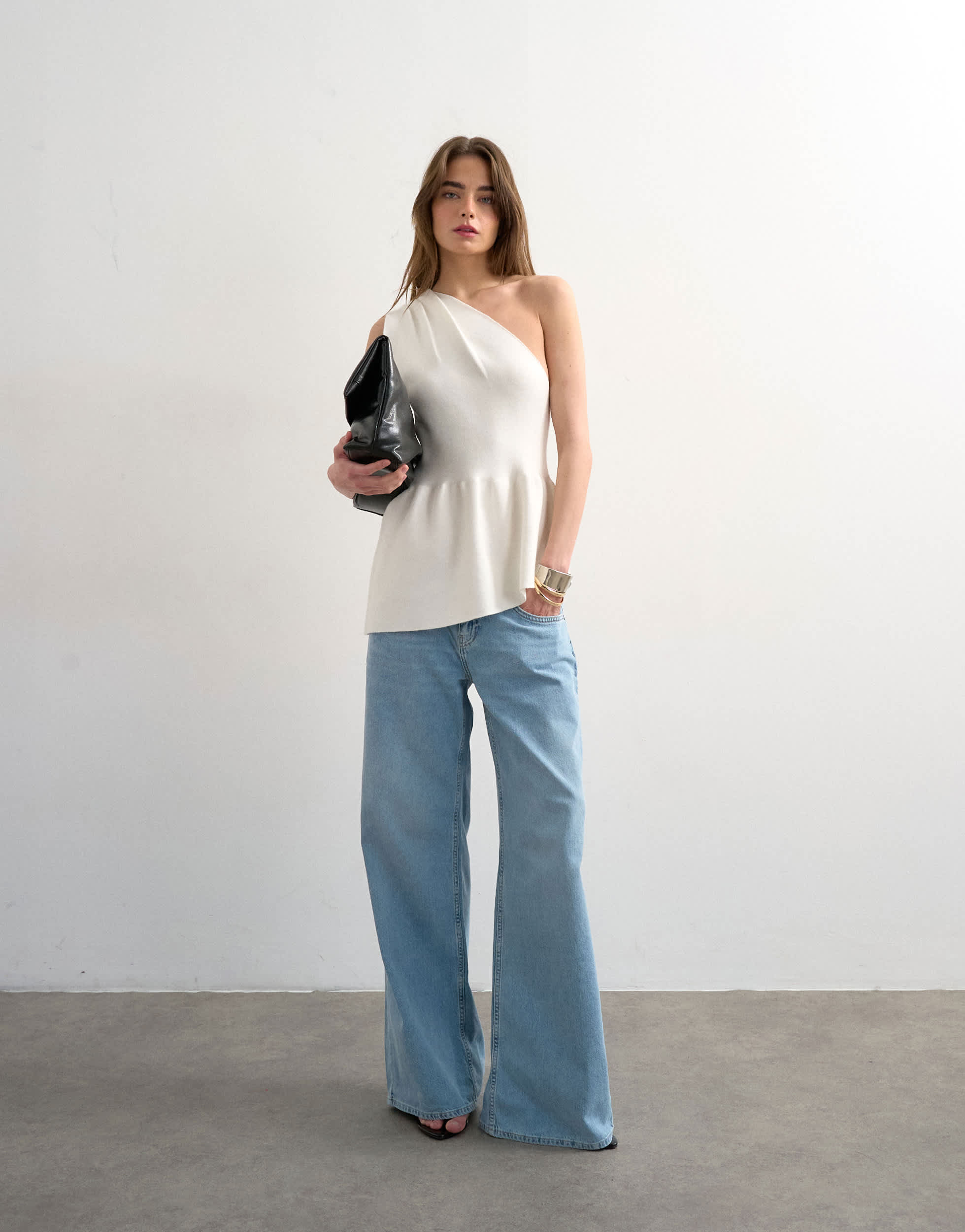 Topshop knitted compact peplum one shoulder top in ivory