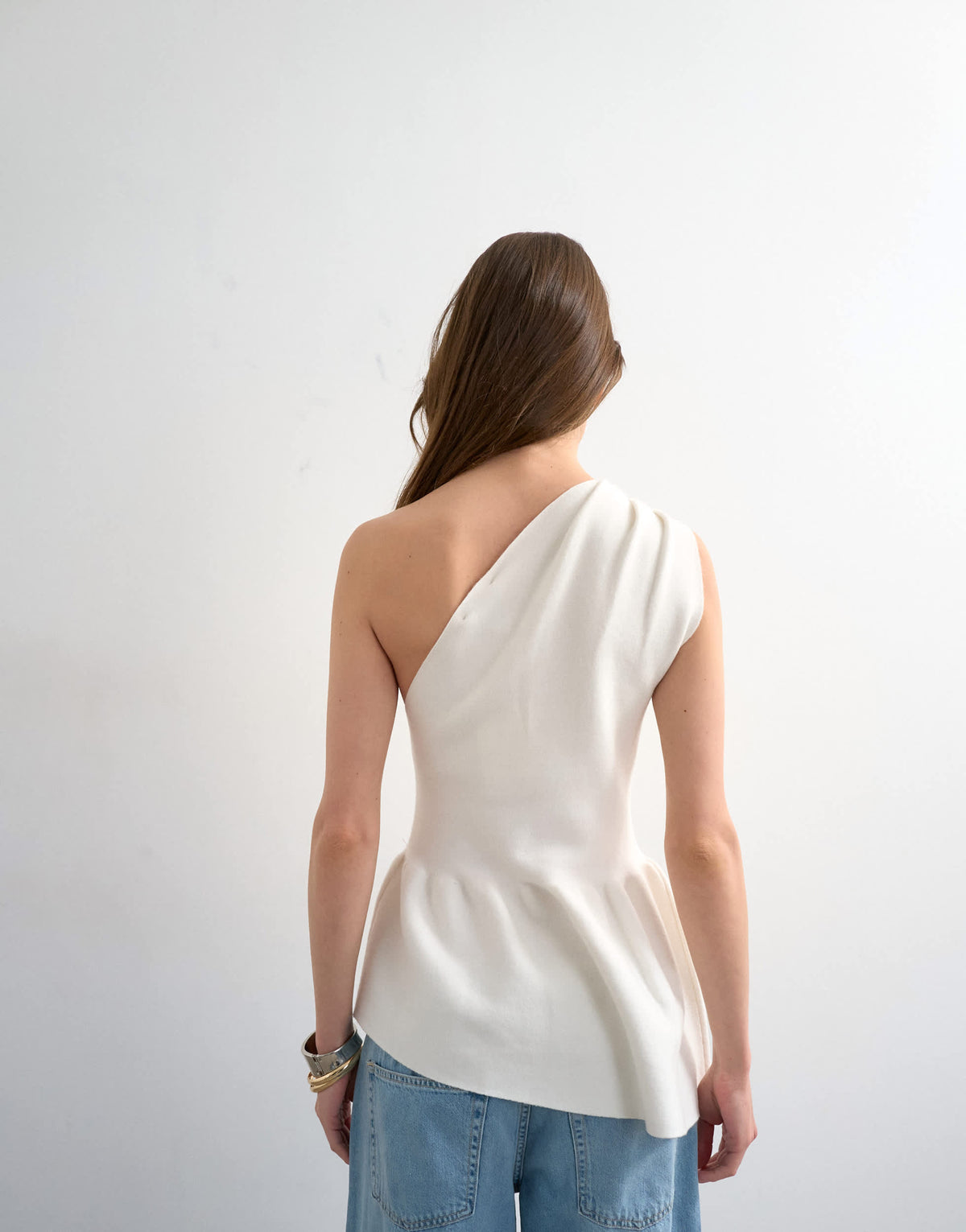 Topshop knitted compact peplum one shoulder top in ivory