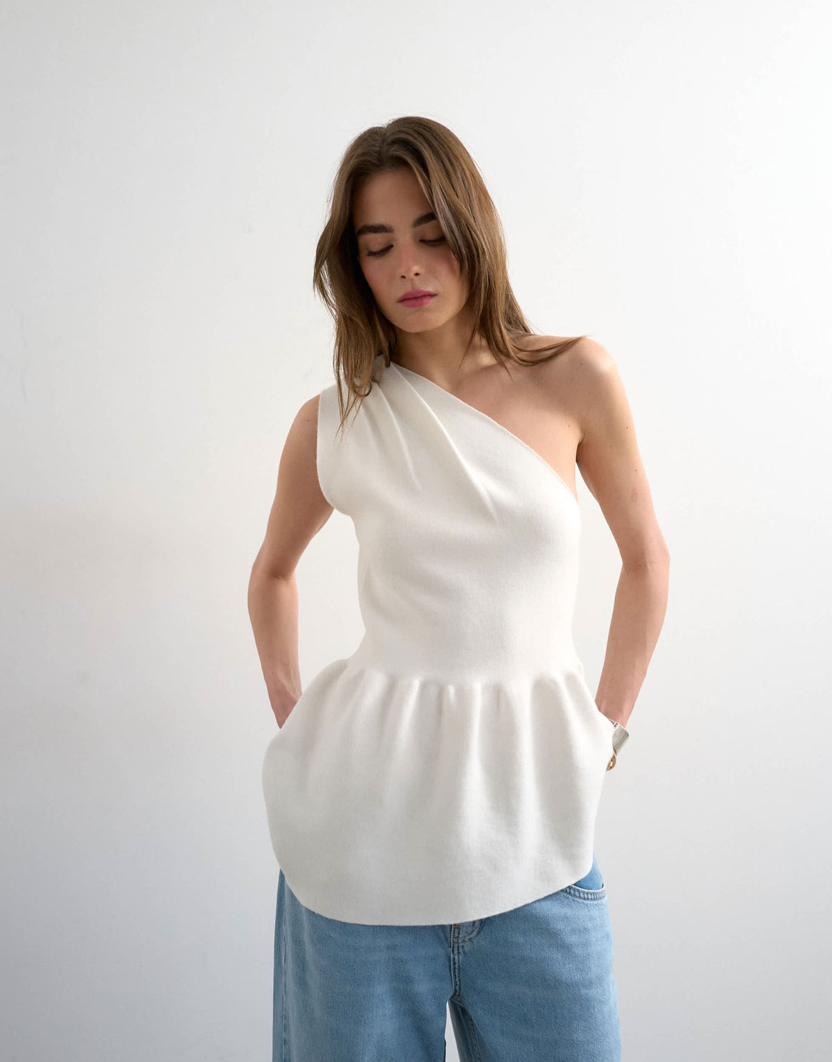 Topshop knitted compact peplum one shoulder top in ivory