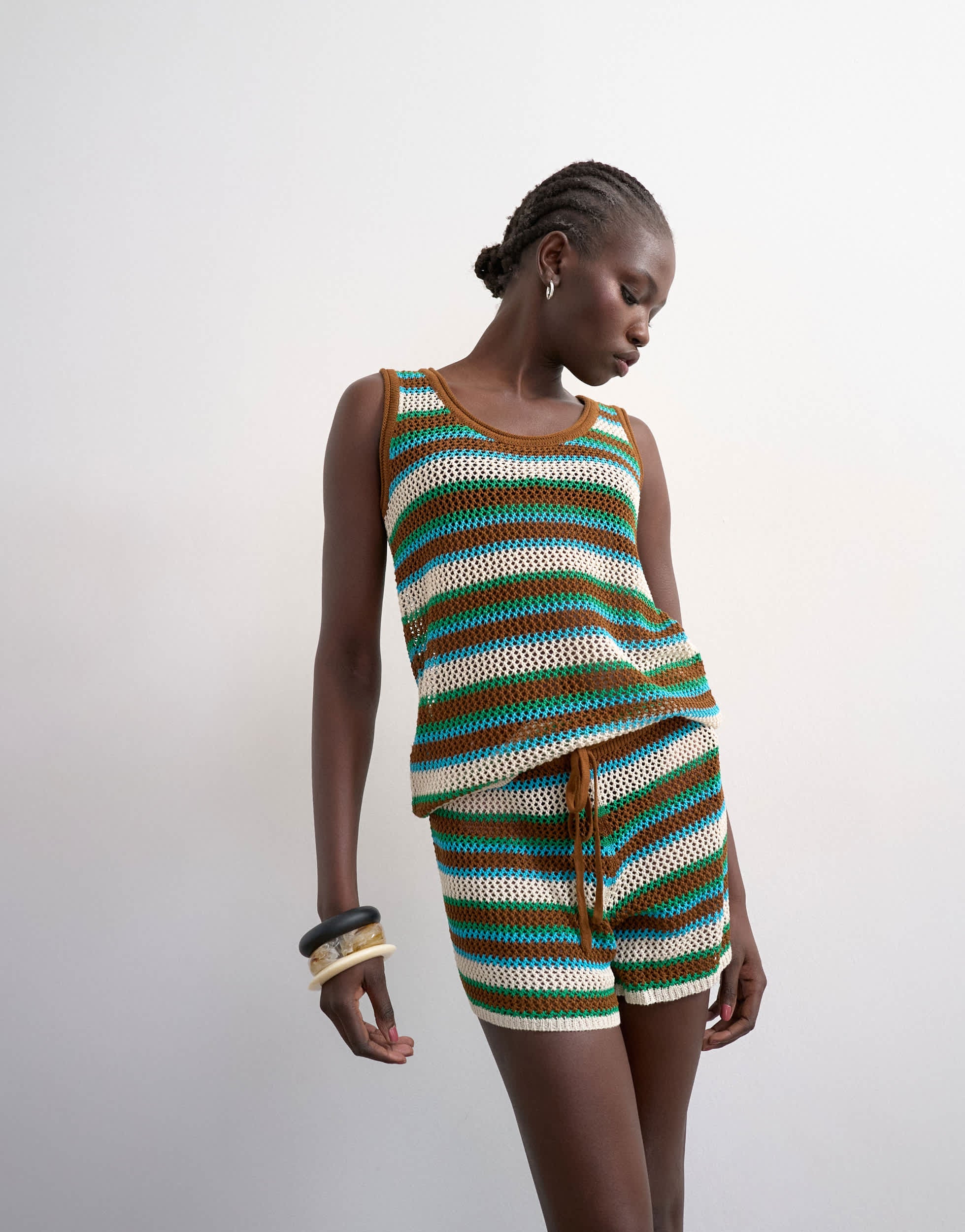 Topshop knitted multi stripe co-ord short in blue and brown