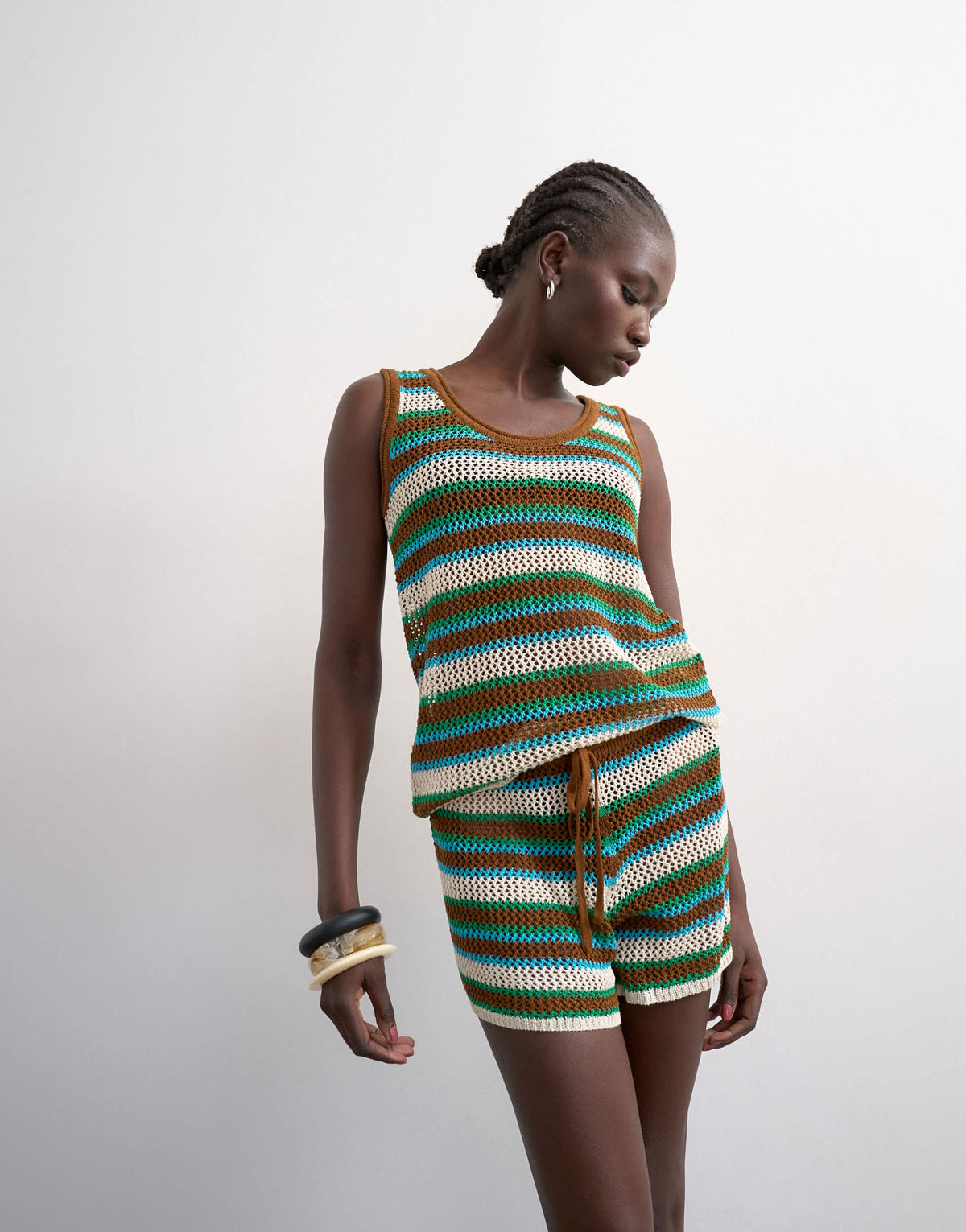 Topshop knitted multi stripe co-ord short in blue and brown