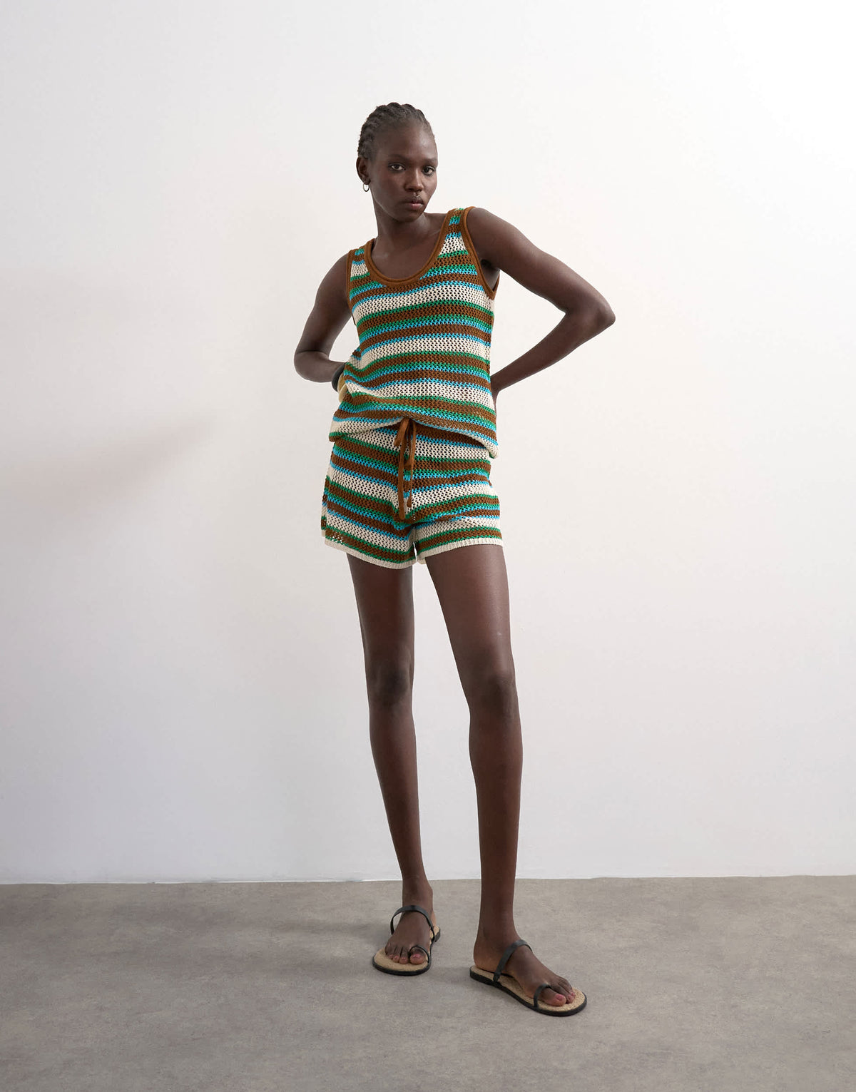 Topshop knitted multi stripe co-ord short in blue and brown