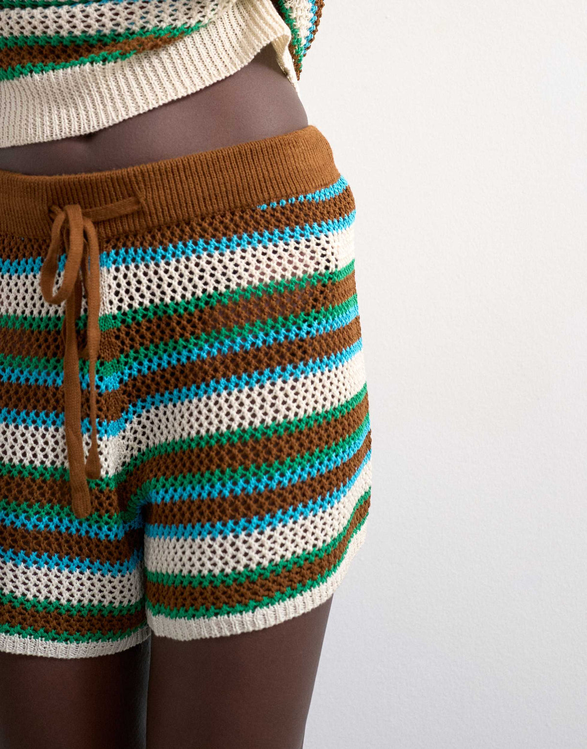 Topshop knitted multi stripe co-ord short in blue and brown