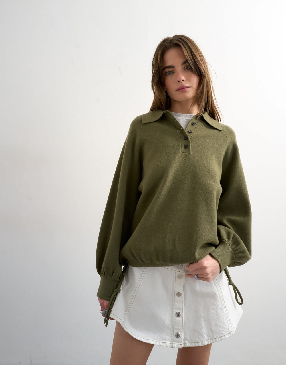 Topshop gestricktes, kompaktes Utility-Polo mit Kordelzug in Khaki