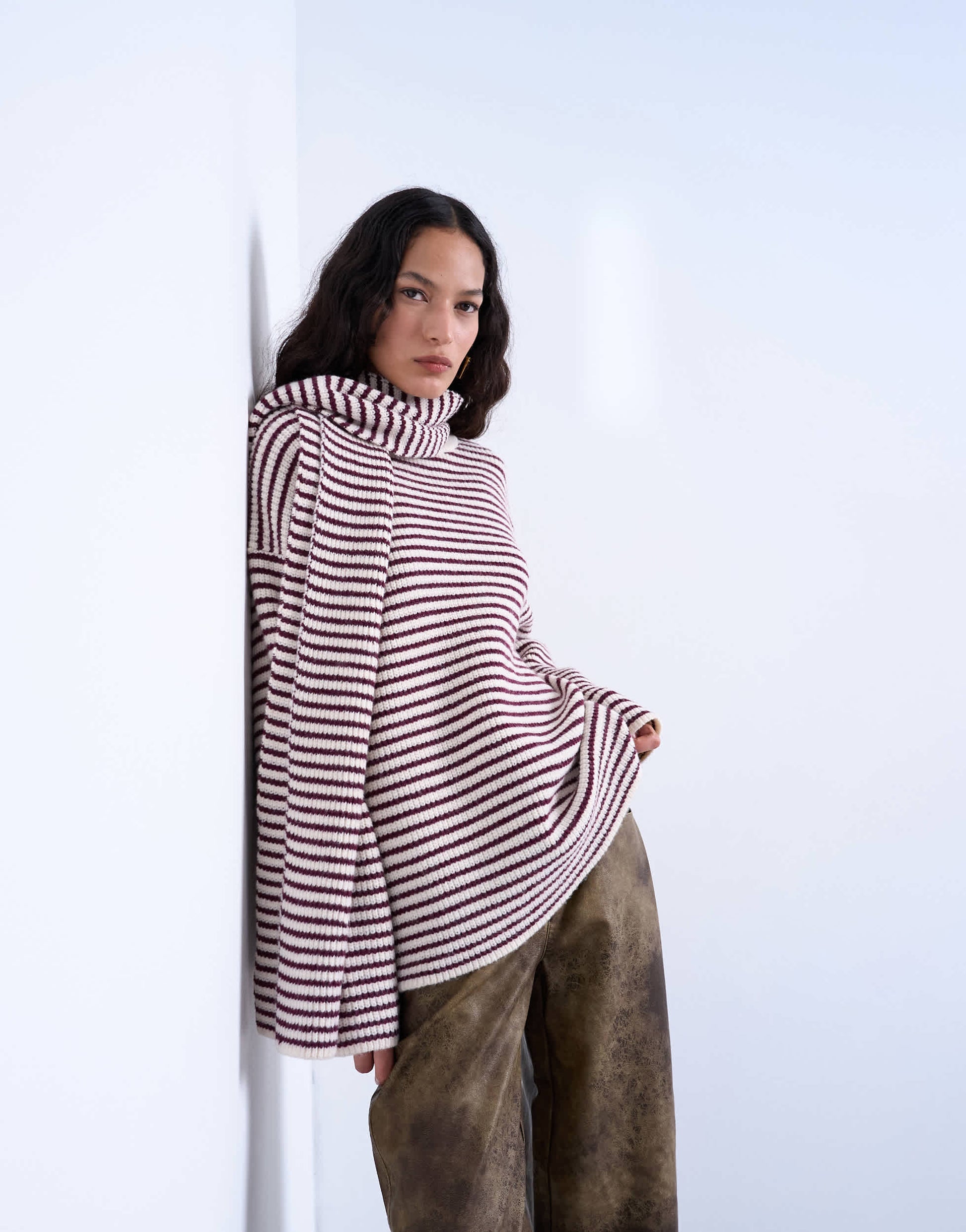 Topshop knitted stripe oversized jumper with scarf in plum
