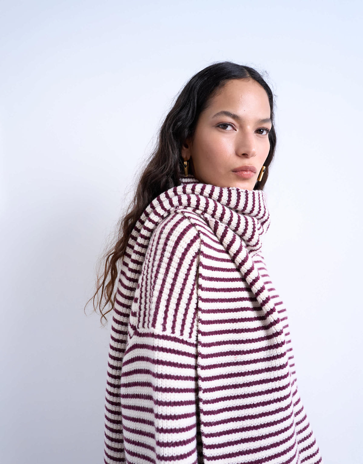 Topshop knitted stripe oversized jumper with scarf in plum