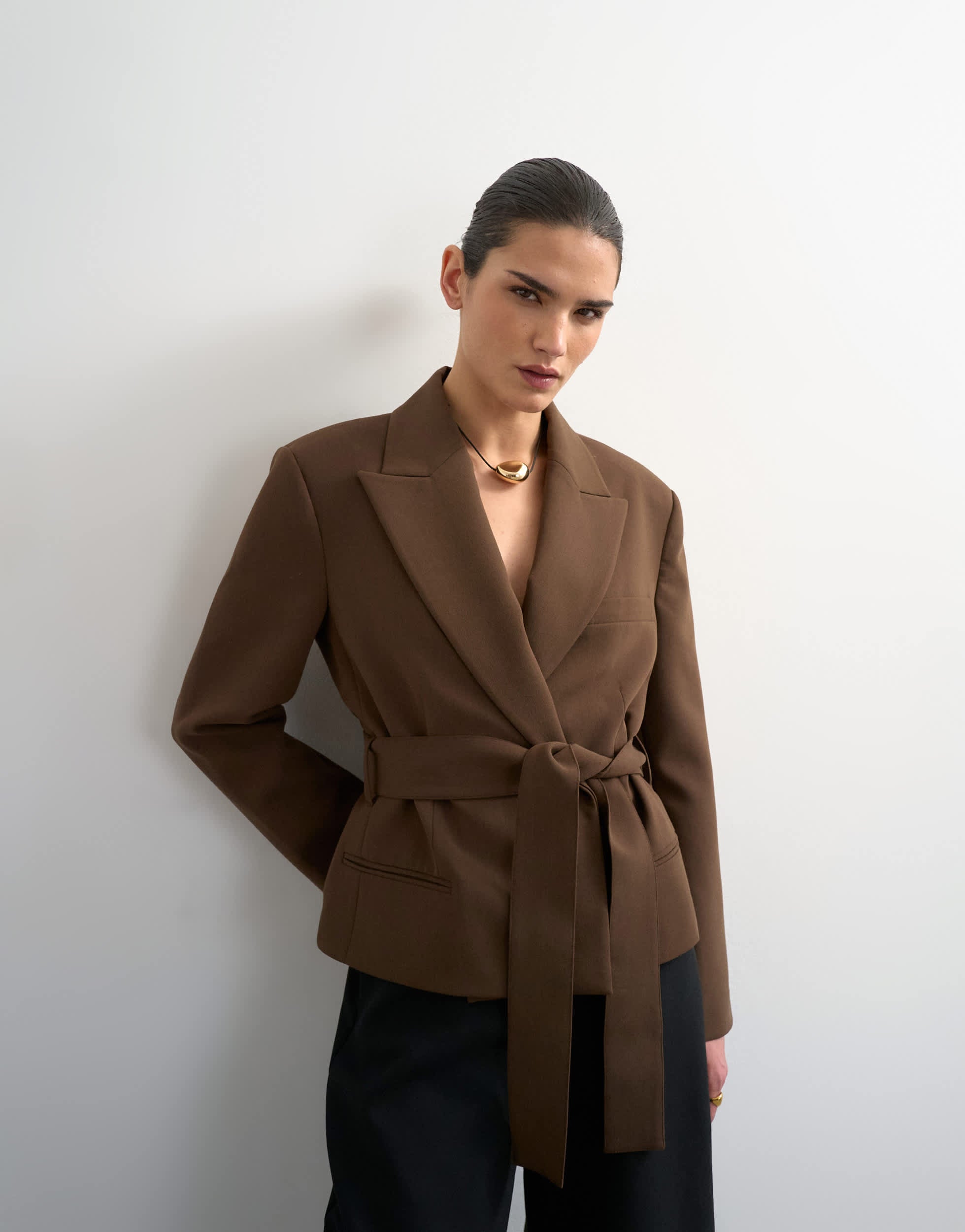 Topshop cropped belted boxy blazer in chocolate