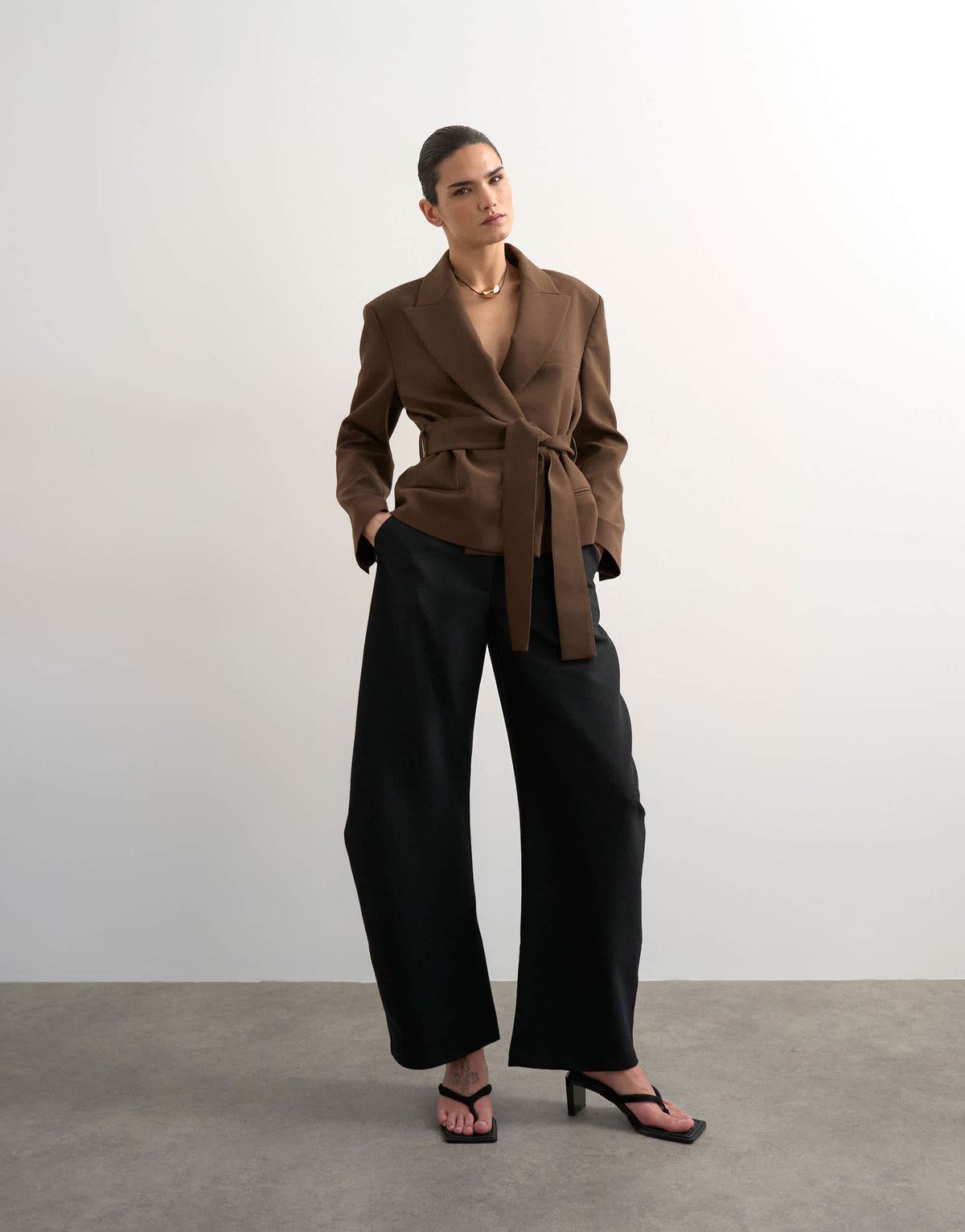 Topshop cropped belted boxy blazer in chocolate