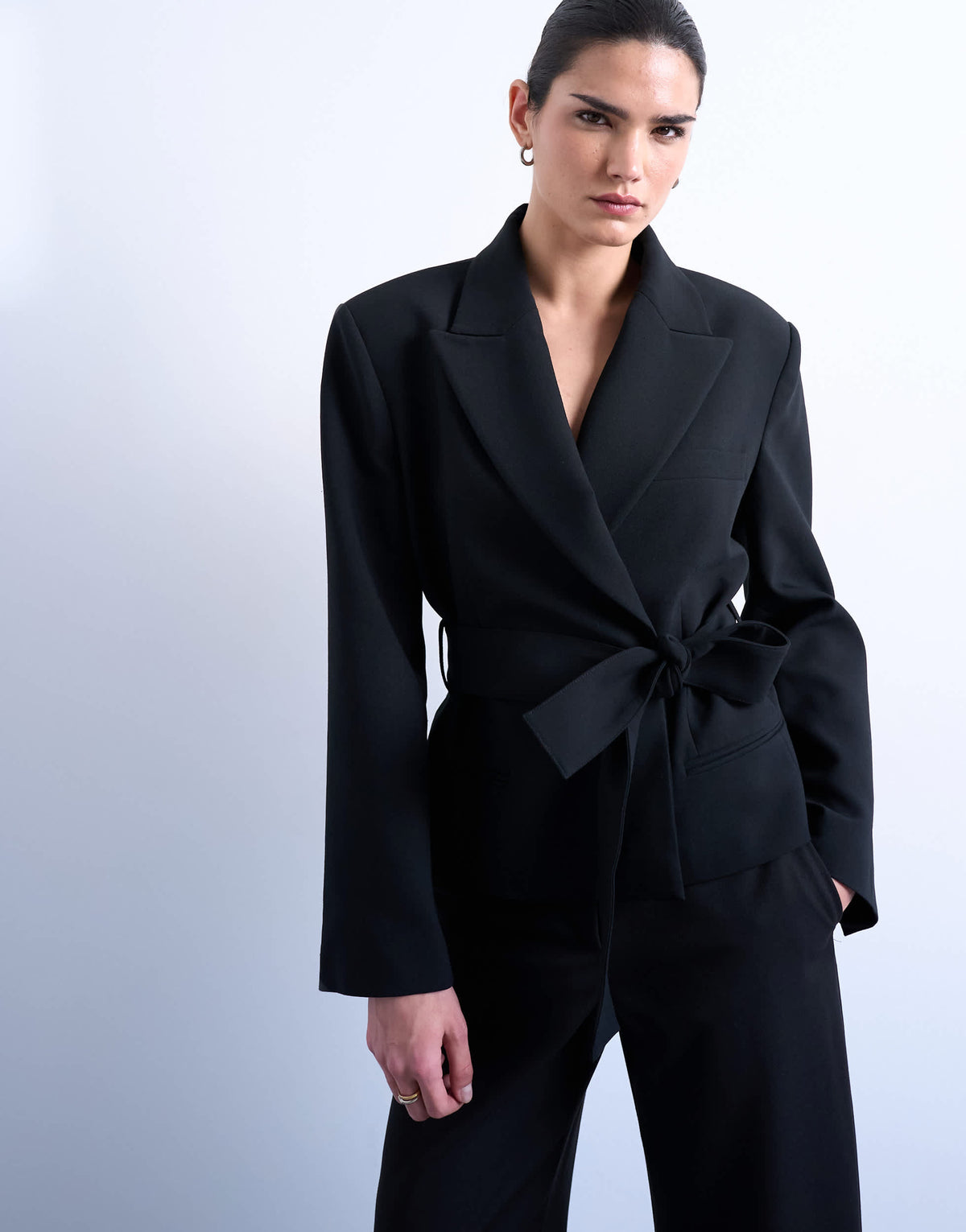 Topshop cropped belted boxy blazer in black 